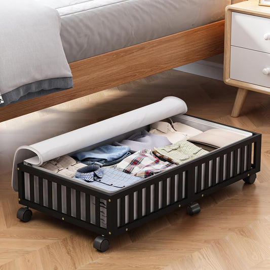 Bamboo Under Bed Storage Containers with Wheels, 1 Pack Large Under the Bed Shoe Storage Bins, Wood Rolling Underbed Drawers Organizer for Bedroom Closet Clothes Blanket Under Crib Toy Black
