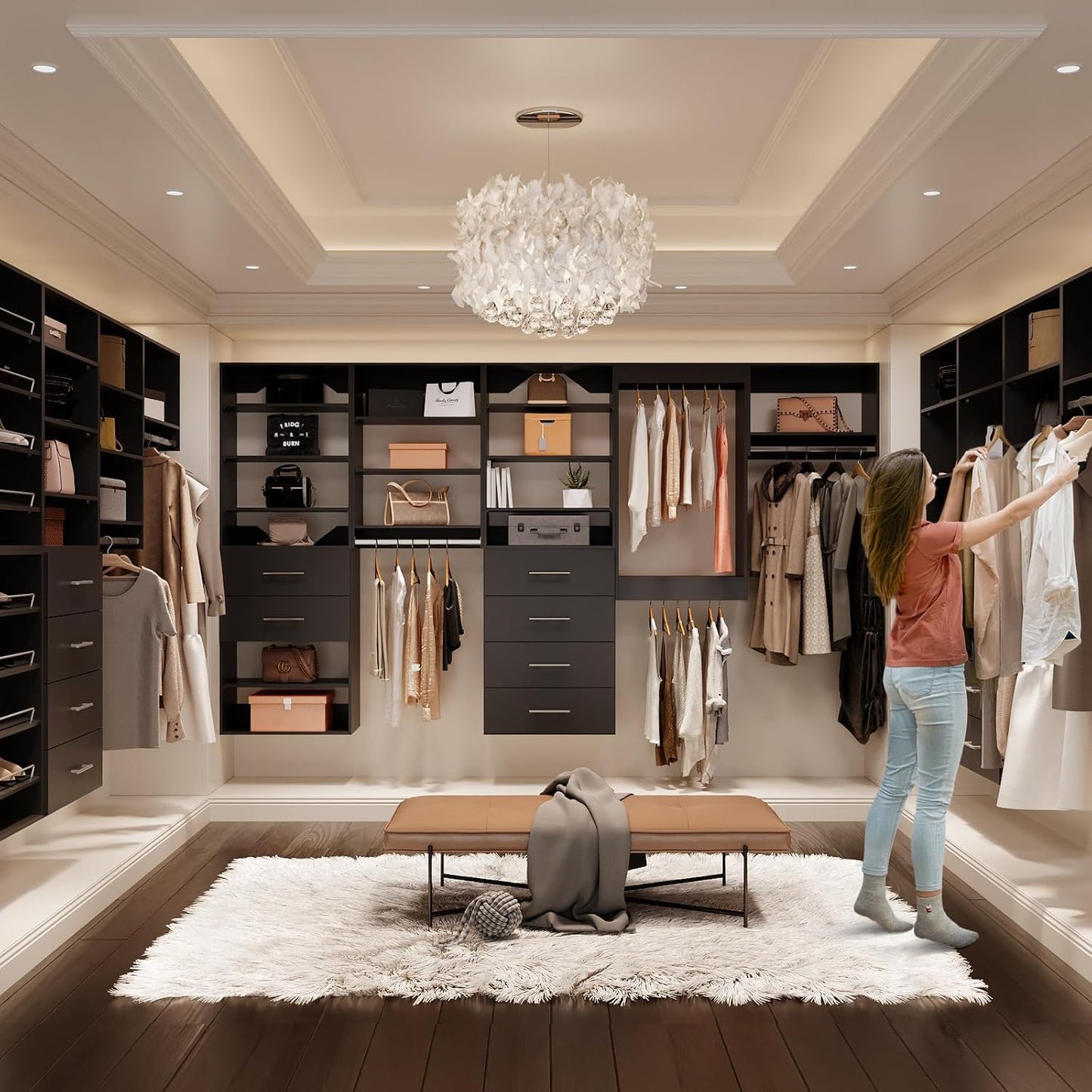 ROOMTEC 28.5" Double Hanging Closet Unit, Modular Closet System with Hanging Rod, Wardrobe Organizer for Bedroom or Walk-in Closet, Wall Mounted, Customizable Clothes Storage Unit, Black