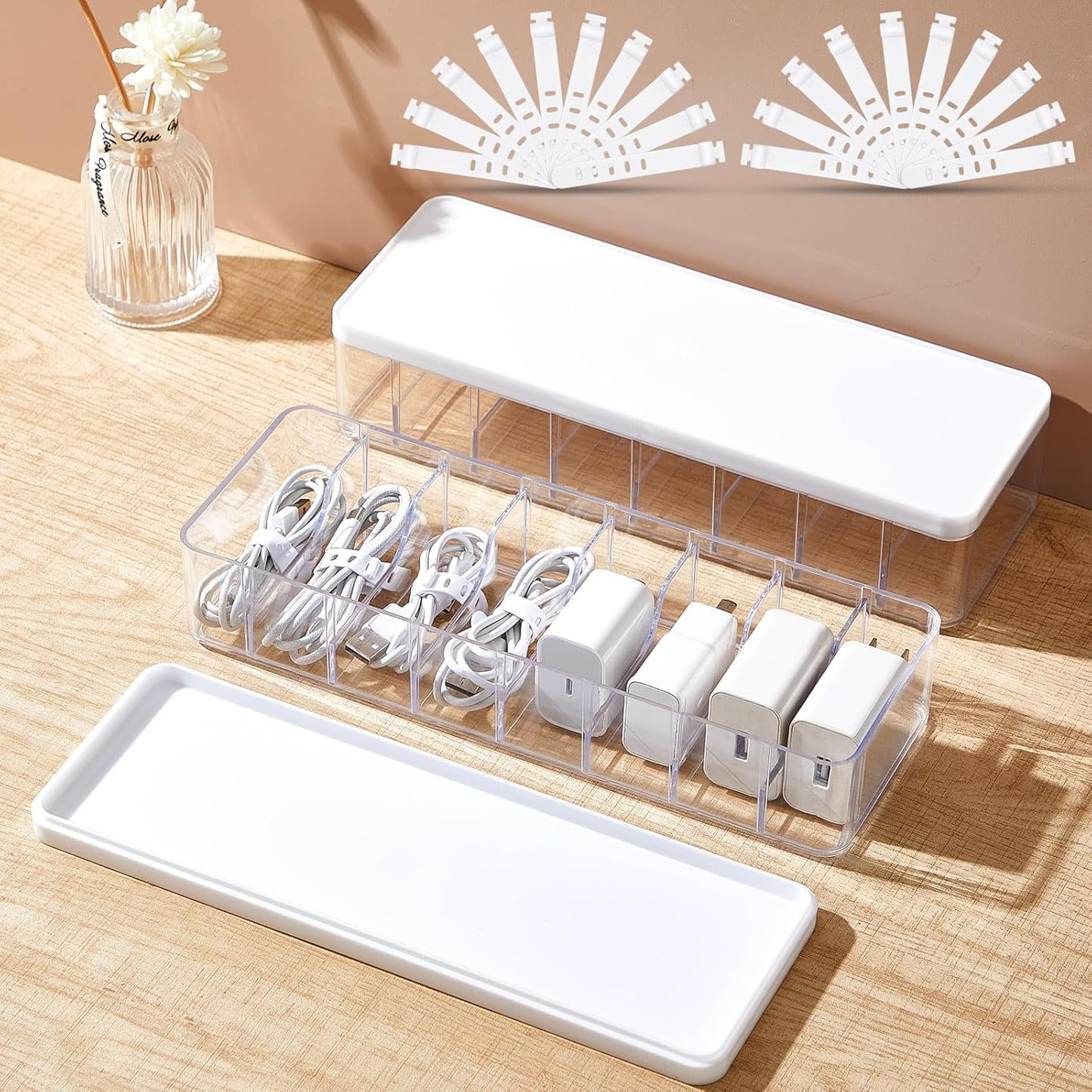Tatuo 2 Pcs Cable Organizer Box with Wire Ties, Plastic Cord Storage Box with Lid, Electronics Organizer for Home Office Desk Organizers and Accessories (Clear,White)