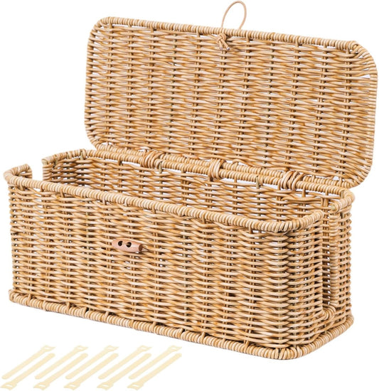 BROWNLILY Cable Management Box, Rattan Style Cord Organizer for Desk Cord Hider Outlet Covers Baby Proofing for Power Strip TV PC Router Charger Under Desk Storage - Natural Small