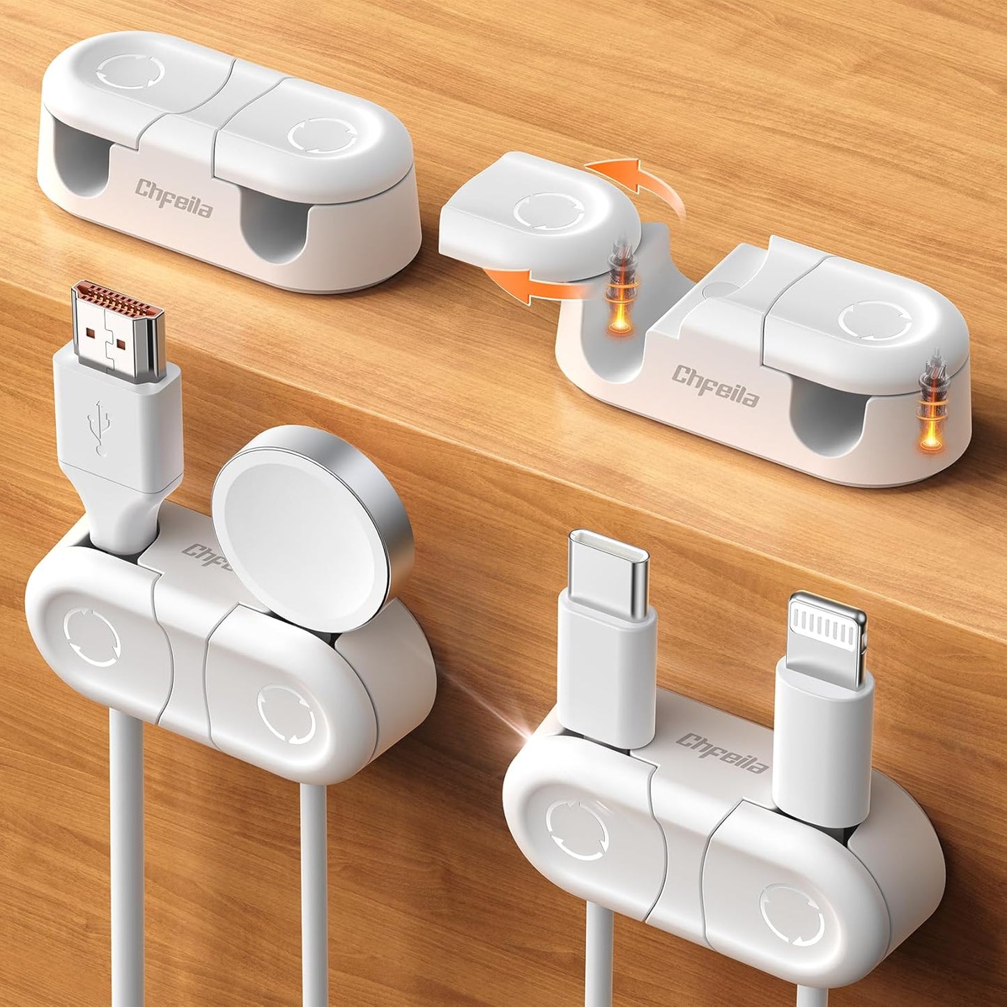 Magnetic Cable Clips - Chfeila 4Pack [Dual Slot] [360°Rotating & Twist-Lock] Cord Management, Adhesive Phone Charging Keeper, Wire Organizer Holder for Nightstand, Home Office Desk Accessories Decor