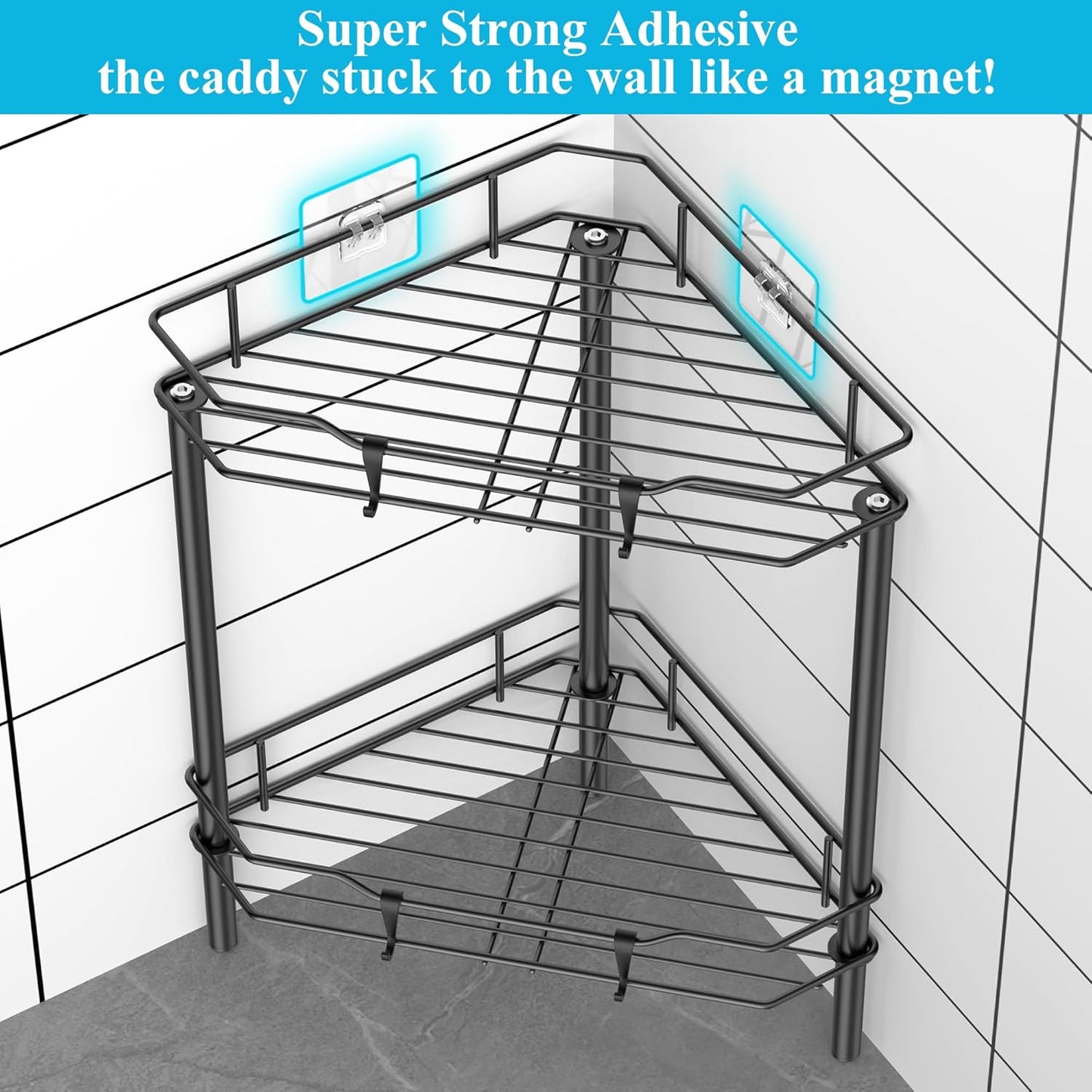 2 Tier Floor Standing Corner Shower Caddy Organizer Shelf with Hooks, Bathroom Shelves Stand Rack, Matt Black