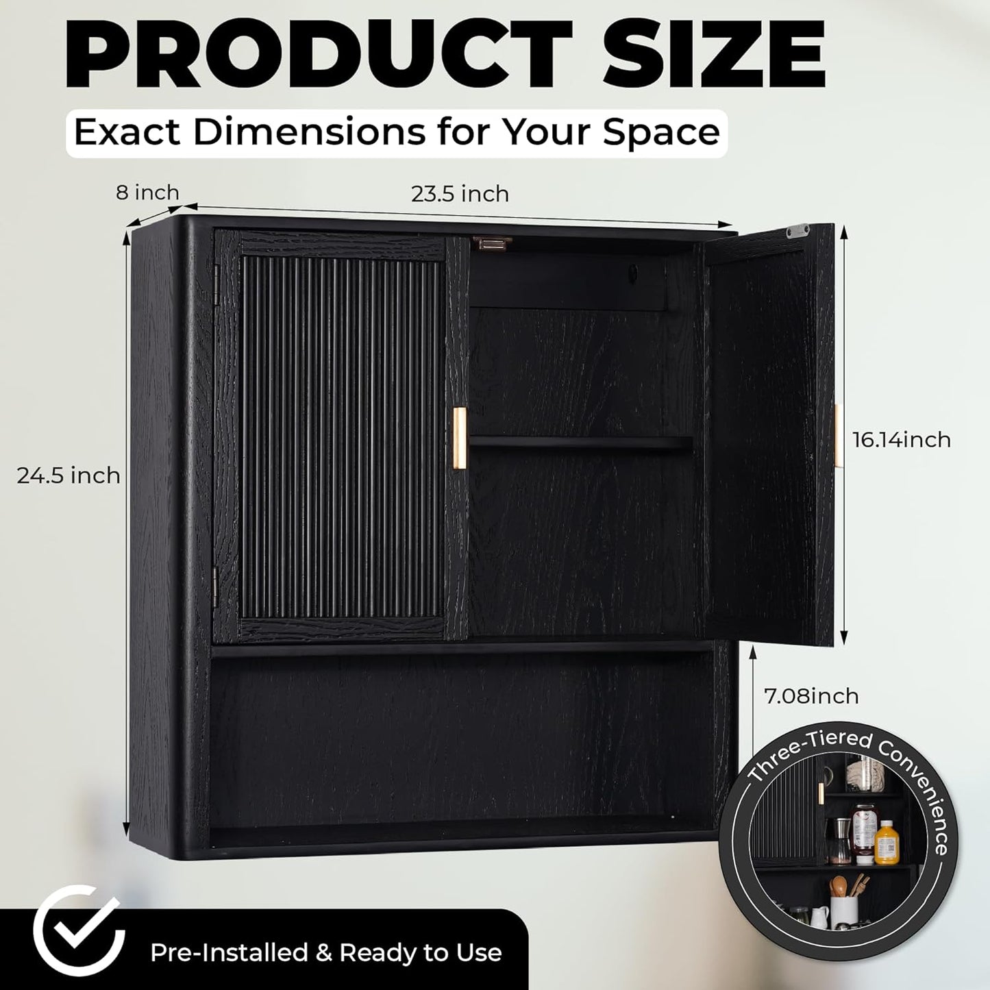 Bathroom Storage Cabinet – Pre-Assembled Wall-Mounted Medicine Cabinet with 2 Doors and Fixed Shelf, Over-The-Toilet Floating Organizer for Bathroom, Living Room, Kitchen, Laundry (Black)