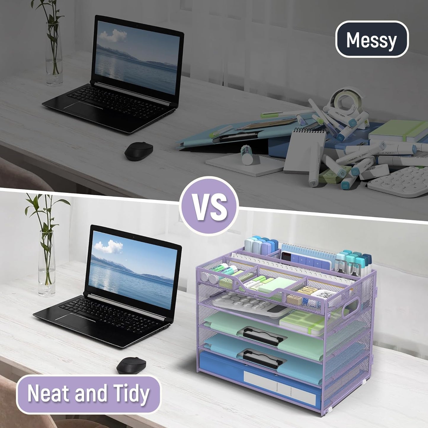 Docnest 5 Tier Mesh Desk Organizer- Letter Tray with Adjustable Compartments, Mesh Desktop Storage Built in Pen Holder and Handles, Desk Organizer Tray for Mail Documents Office Supplies–Purple