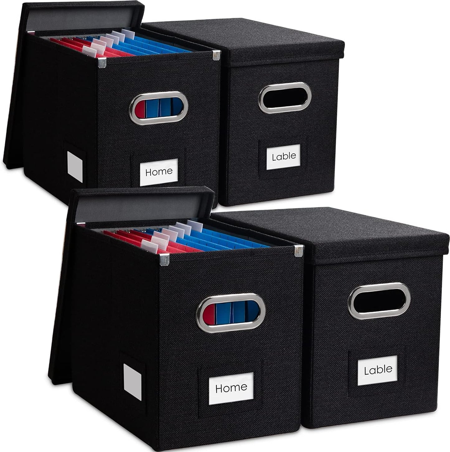 PRANDOM File Organizer Box - Set of 4 Collapsible Decorative Linen Filing Storage Hanging File Folders with Lids Office Cabinet Letter Size Black (14x9.3x10.8 inch)