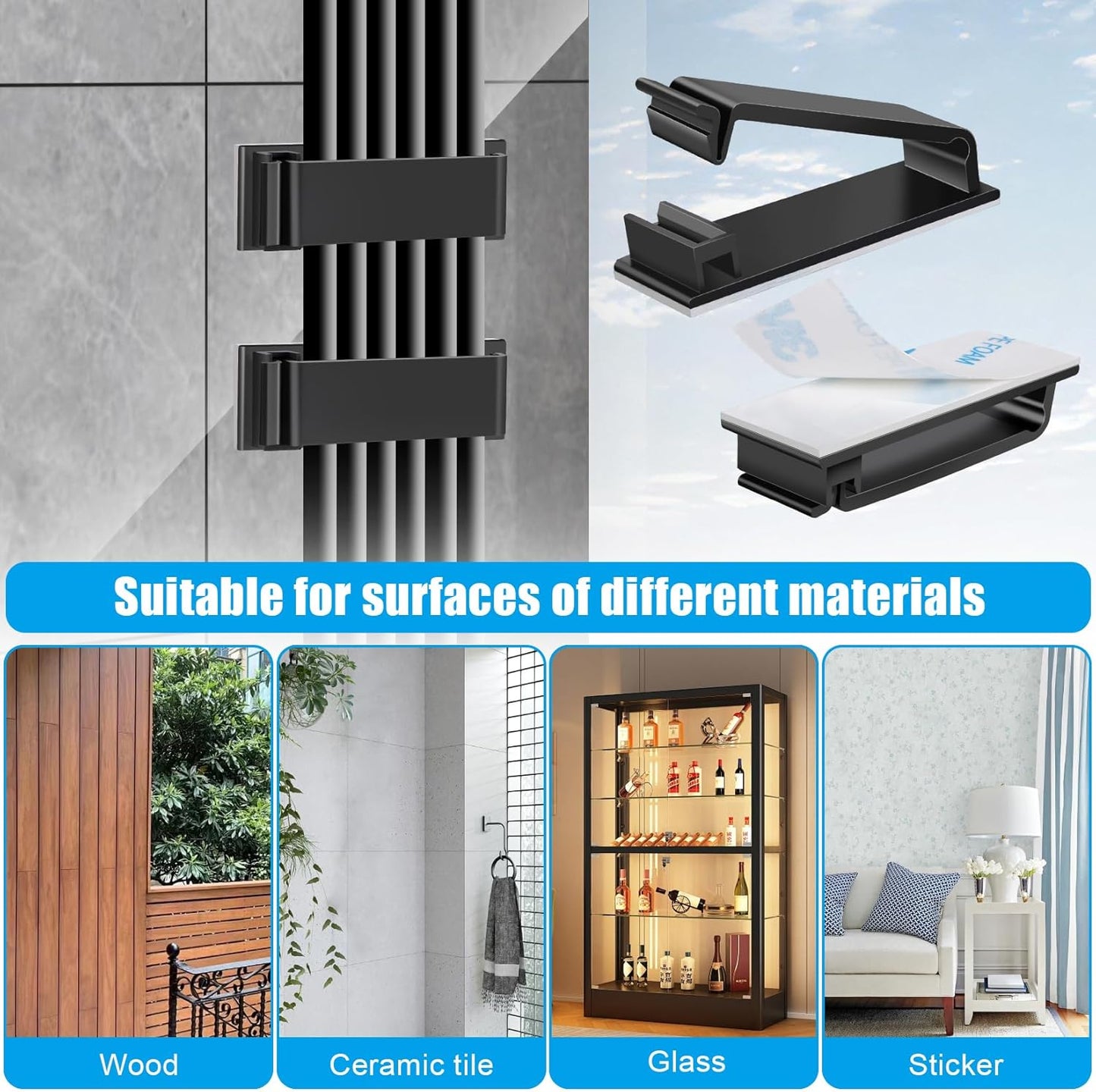 XHF 40 PCS Self Adhesive Cable Clips(XL) Black,Wire Clips Cable Management Wire Organizer Cord Holder for Under Desk, Car, Wall, TV PC Ethernet Cable