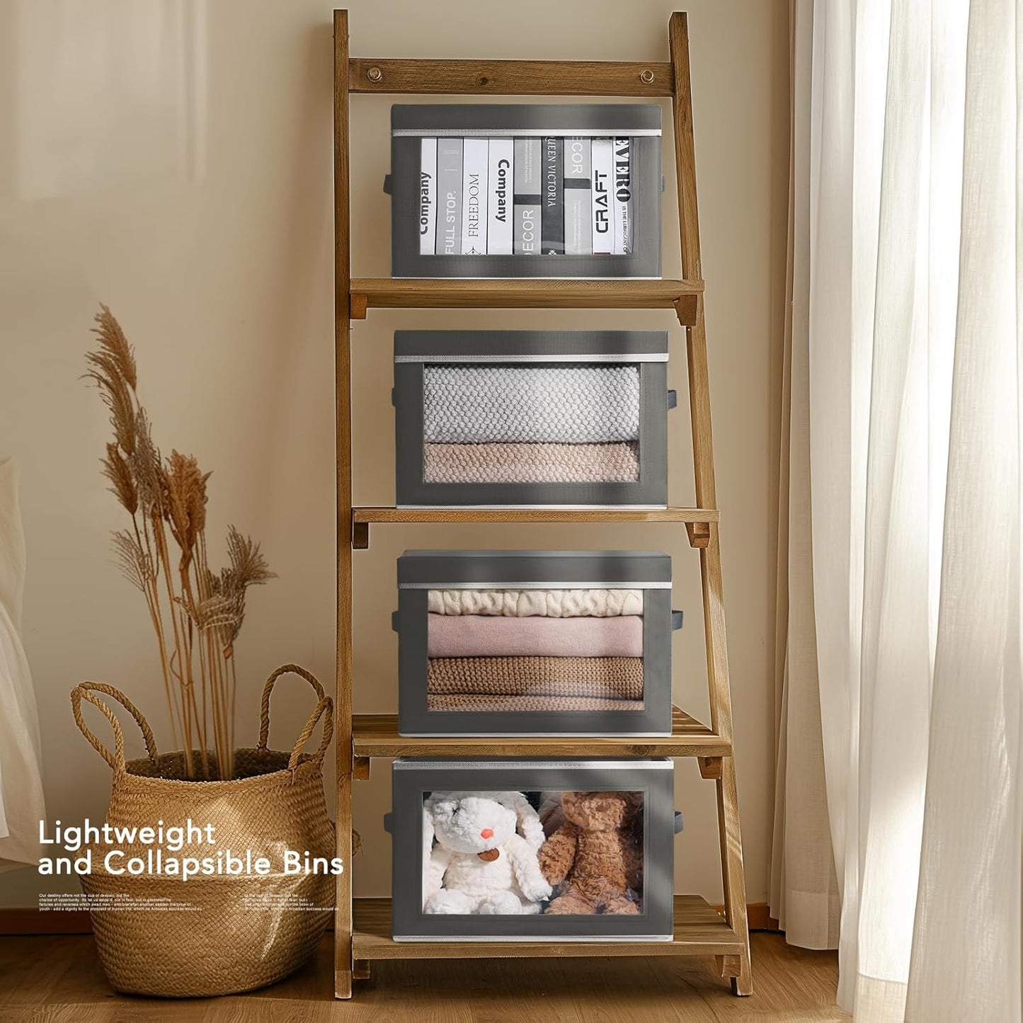 Storage Boxes with Lids - 3 Pack Fabric Clear Window Storage Bins, Collapsible Storage Bins with Lids, Linen Closet Organizer for Clothes, Towel, Blanket, Dark Grey