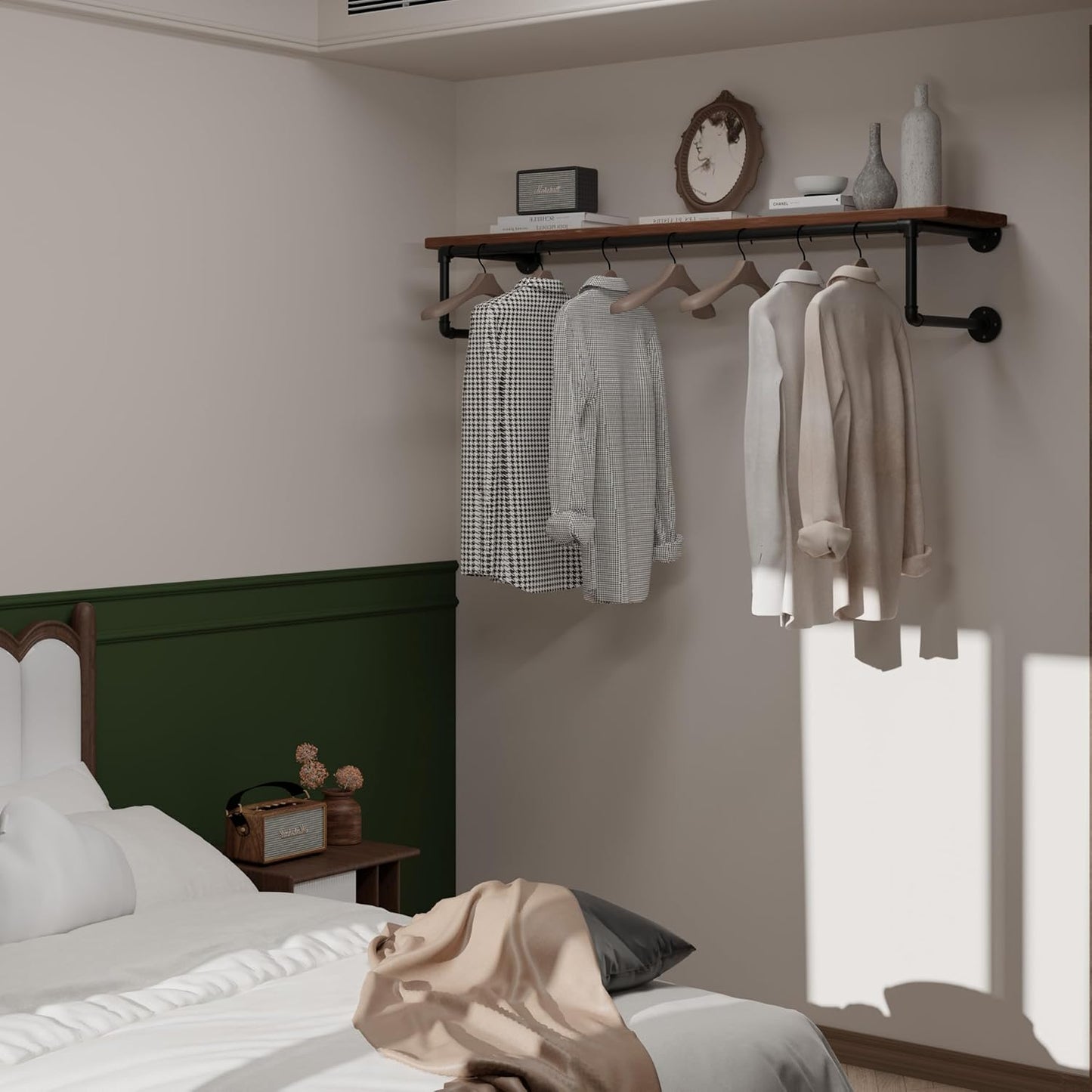 Clothes Rack 48in, Wall Mounted Garment Racks with Real Wood Shelf, Heavy Duty Hanging Clothes Rack, Multi-Purpose Hanging Rod, Space-Saving Closet Storage