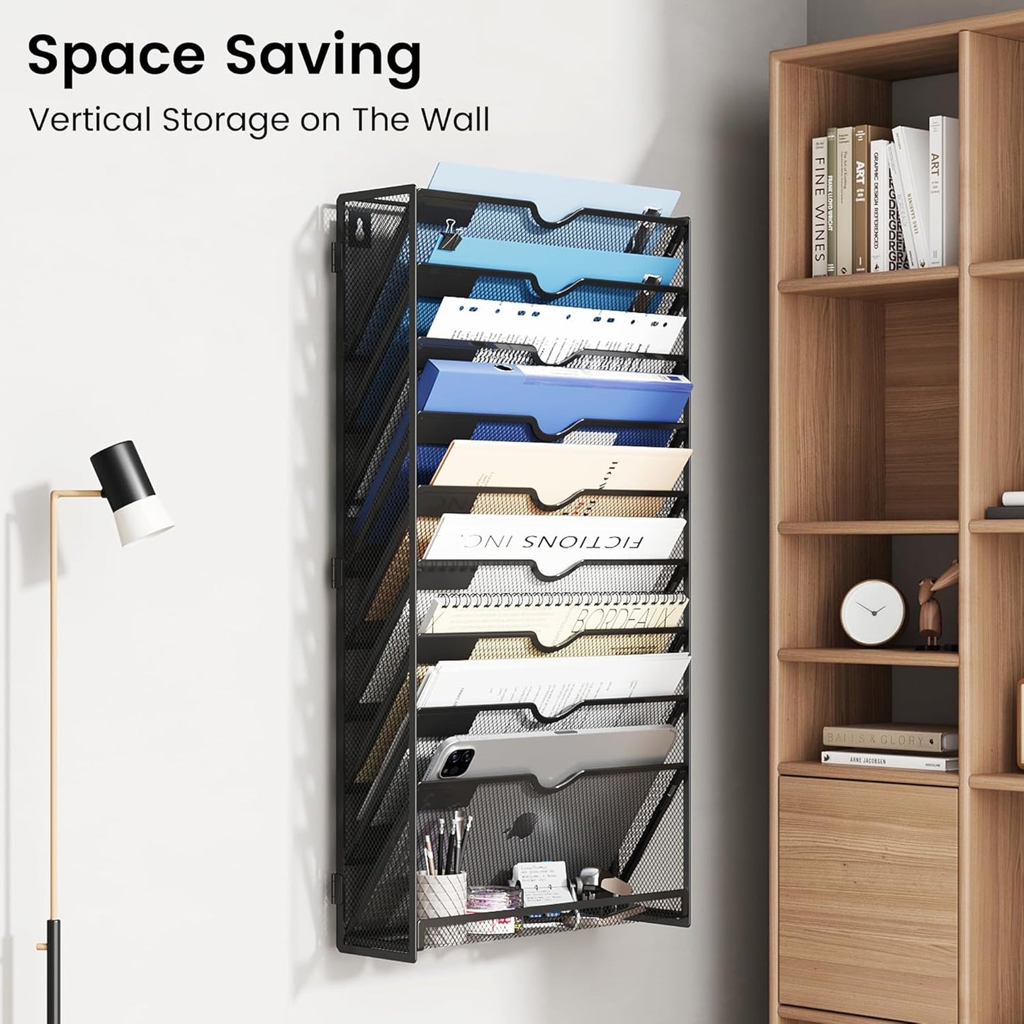 Desk File Organizer Mesh 10-Tier Hanging Wall Mount Document Organization Stand Desktop Vertical Mail Paper Folder Holder Rack with Bottom Tray for Office Home Cubicle Countertop-Black