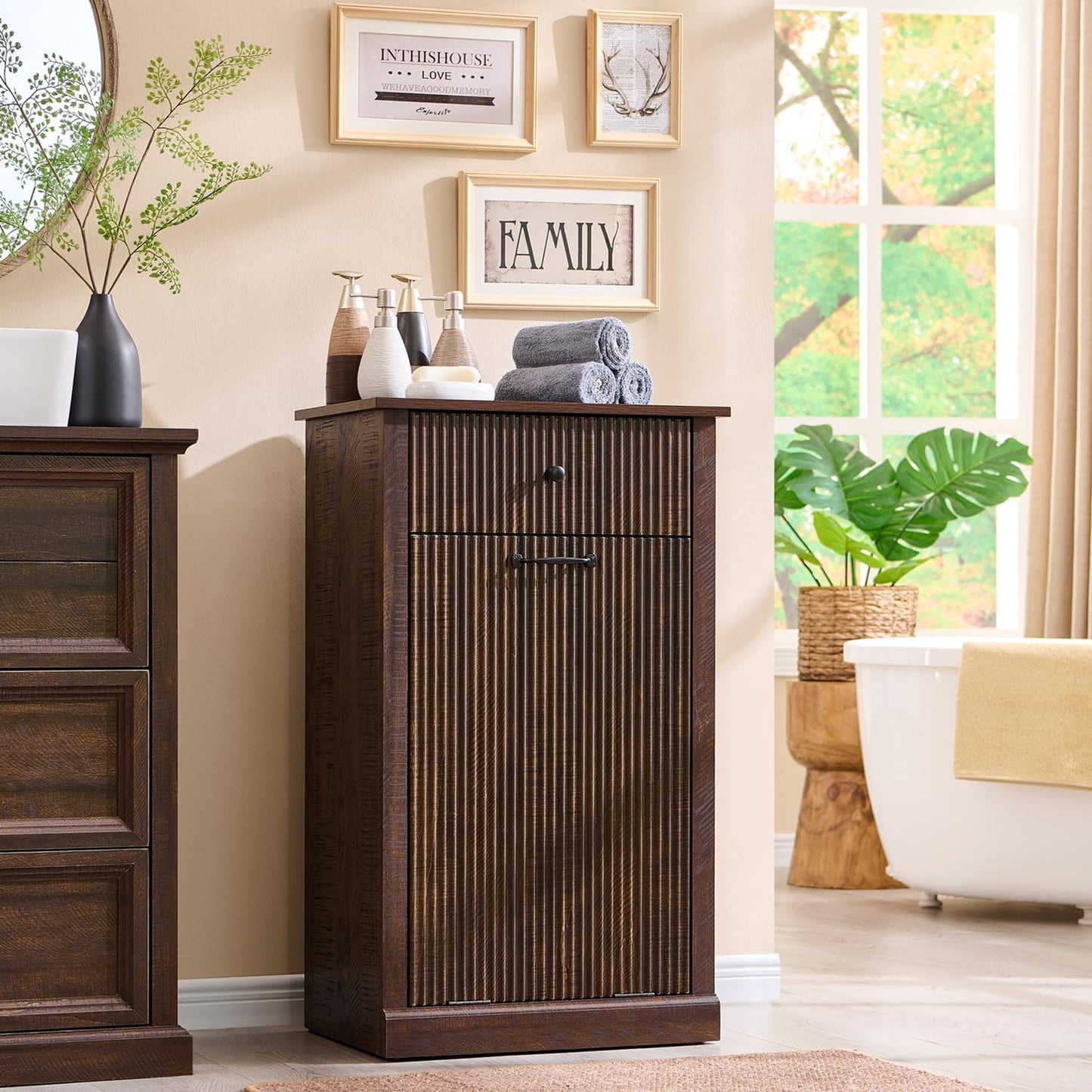 Modern Tilt Out Laundry Hamper Cabinet, 10 Gallon Fluted Trash Can Cabinet with Drawer, Wooden Hidden Garbage Can Cabinets with Laundry Basket, Free Standing for Bathroom and Kitchen, Brown