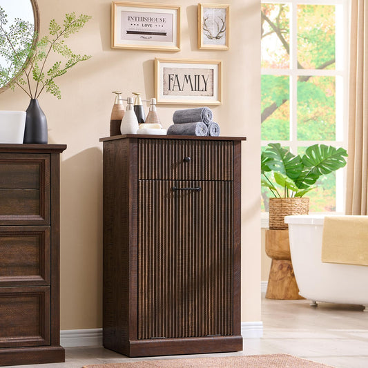 Modern Tilt Out Laundry Hamper Cabinet, 10 Gallon Fluted Trash Can Cabinet with Drawer, Wooden Hidden Garbage Can Cabinets with Laundry Basket, Free Standing for Bathroom and Kitchen, Brown