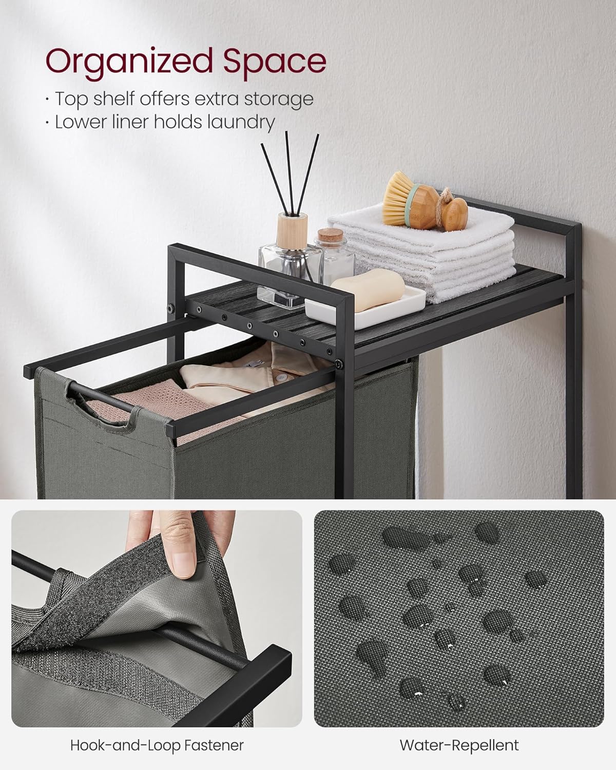 VASAGLE Laundry Hamper, Laundry Basket, Laundry Sorter with a Pull-Out and Removable Bag, Shelf, Metal Frame, 12.4 Gallons (47 L), 16.5 x 11 x 29.5 Inches, Slate Gray and Charcoal Gray UBLH001G01