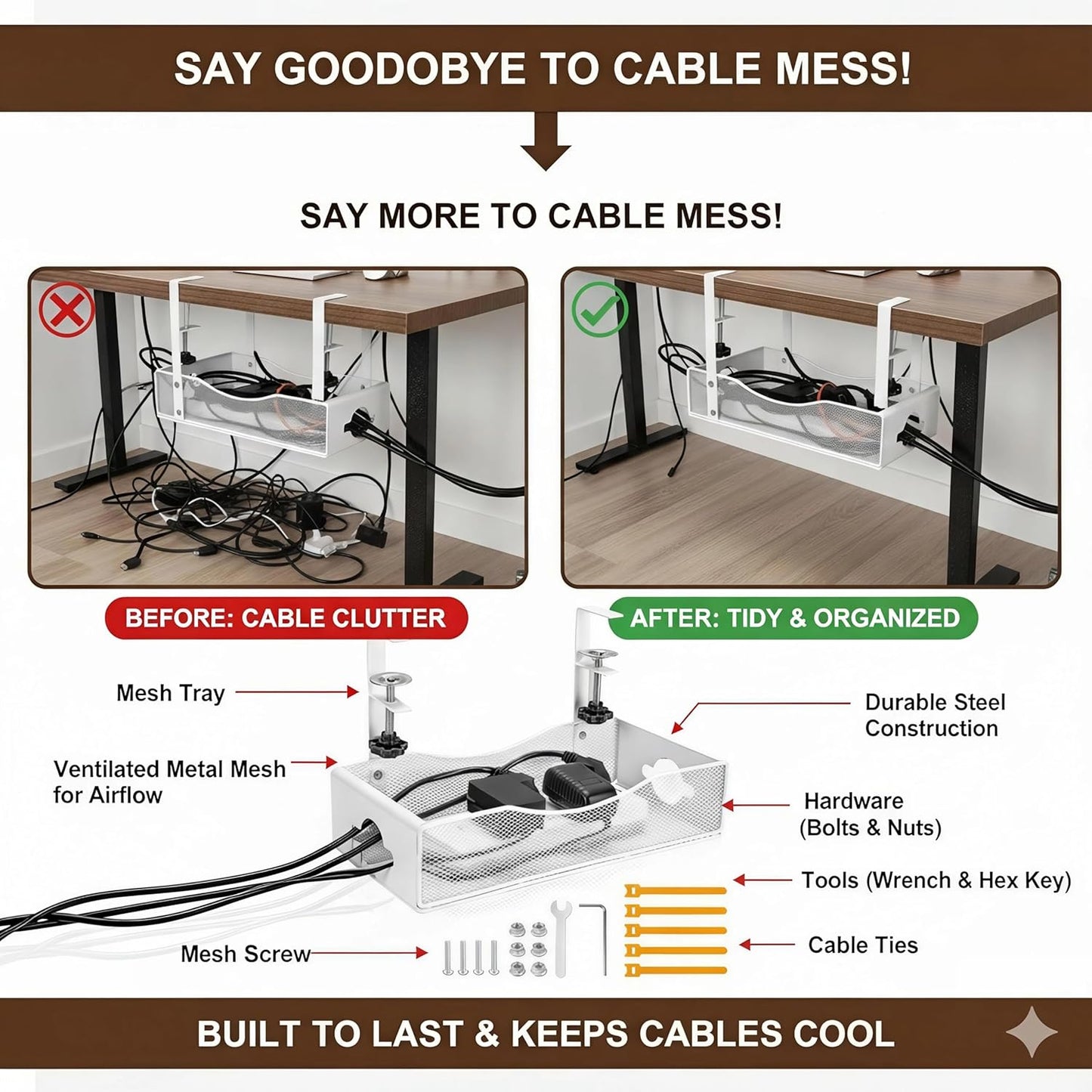 Extra Wide Under Desk Cable Management - No Drill Installation Cable Management Tray, Modern Cord Organizer for Office/Home Desk, Fits Power Strips & Wires((White, XL)