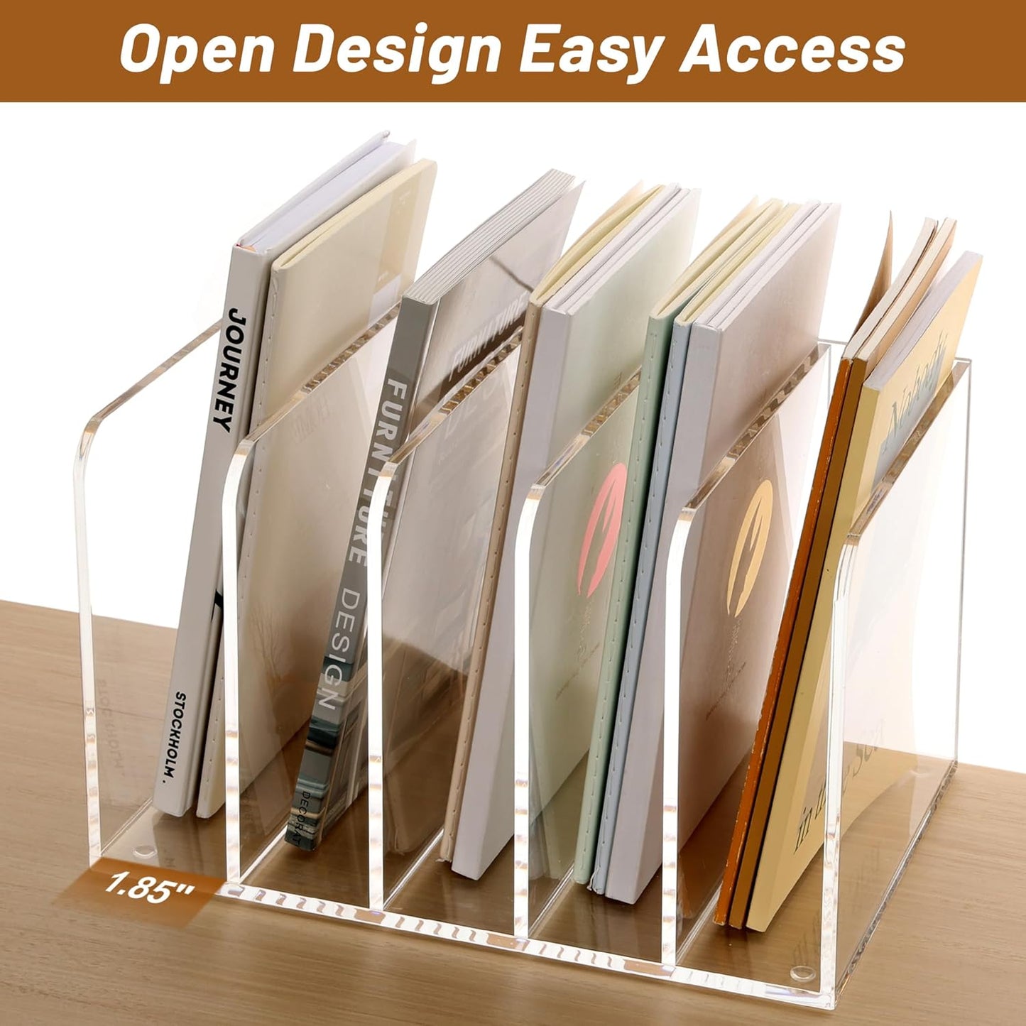 SANRUI Acrylic File Organizer, Clear Magazine File Holder Desk Organizer for Office Organization and Storage with 5 Vertical Compartments, Desktop Bookshelf for Home Office Organization