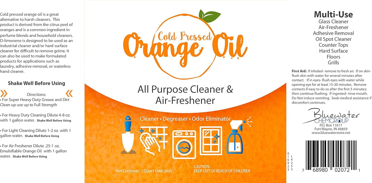 Premium Cold Pressed Orange Oil Concentrate- 32 oz (with D-Limonene), Concentrated Cold Pressed Orange Oil Blend - All-Purpose Citrus Cleaner and Degreaser Blend