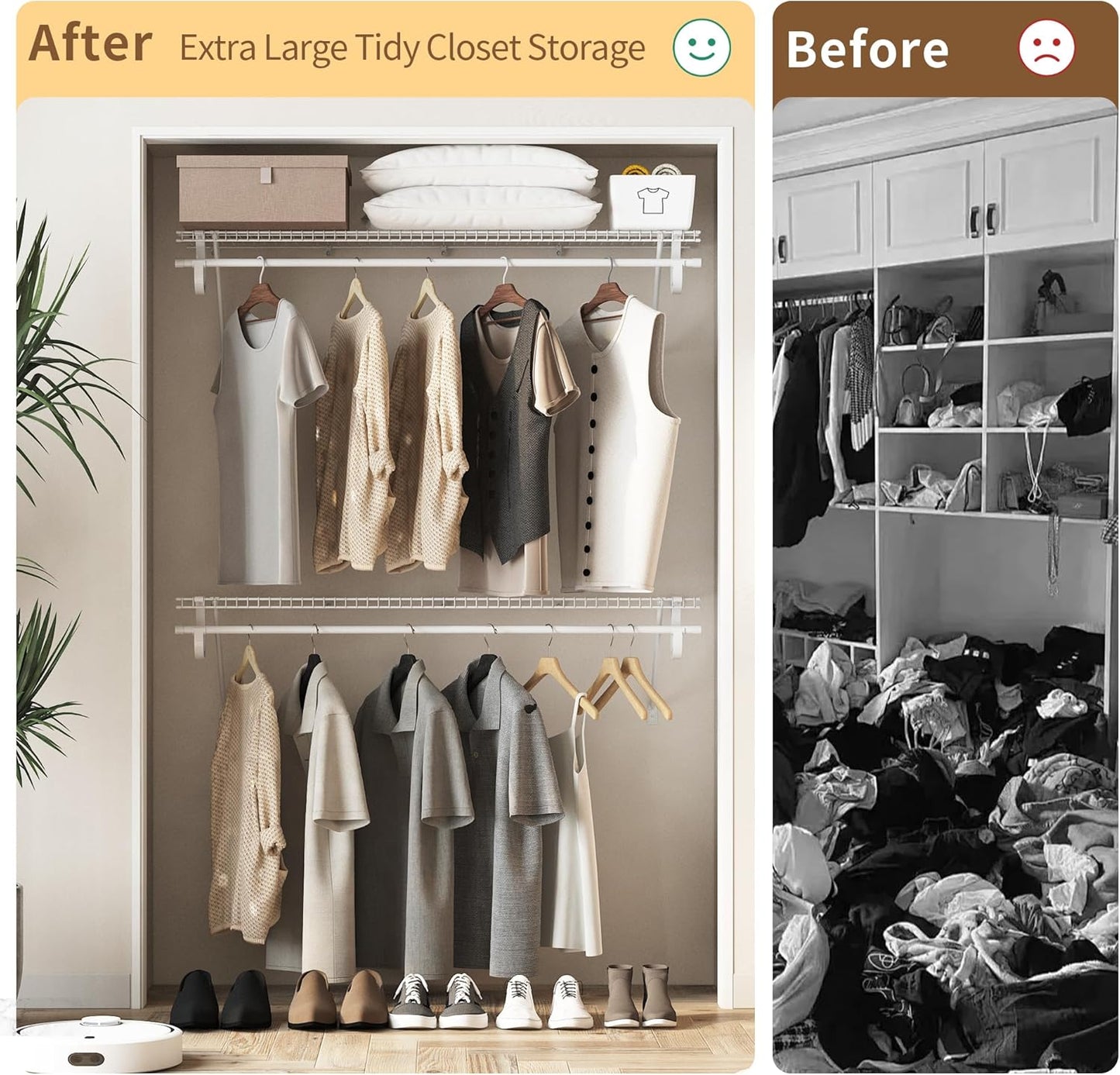 Closet Shelves Wall Mounted with Hanging Rod, 2 Pack 4 ft x 12 in White Wire Shelving Kit, Metal Wall Shelf Organizer for Home, Pantry, Laundry Room Storage