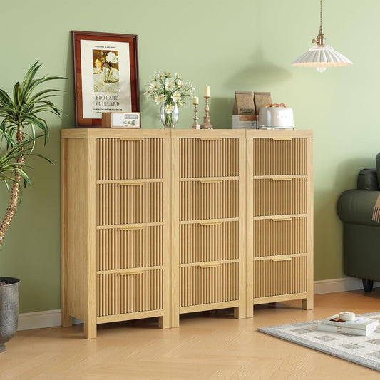 Mid-Century Modern Tall Wooden Dresser with 4 Spacious Drawers, Entryway Storage Chest with Smooth Metal Handles, Bedroom Clothes Organizer for Entryway, Office, and Small Spaces, Natural X3