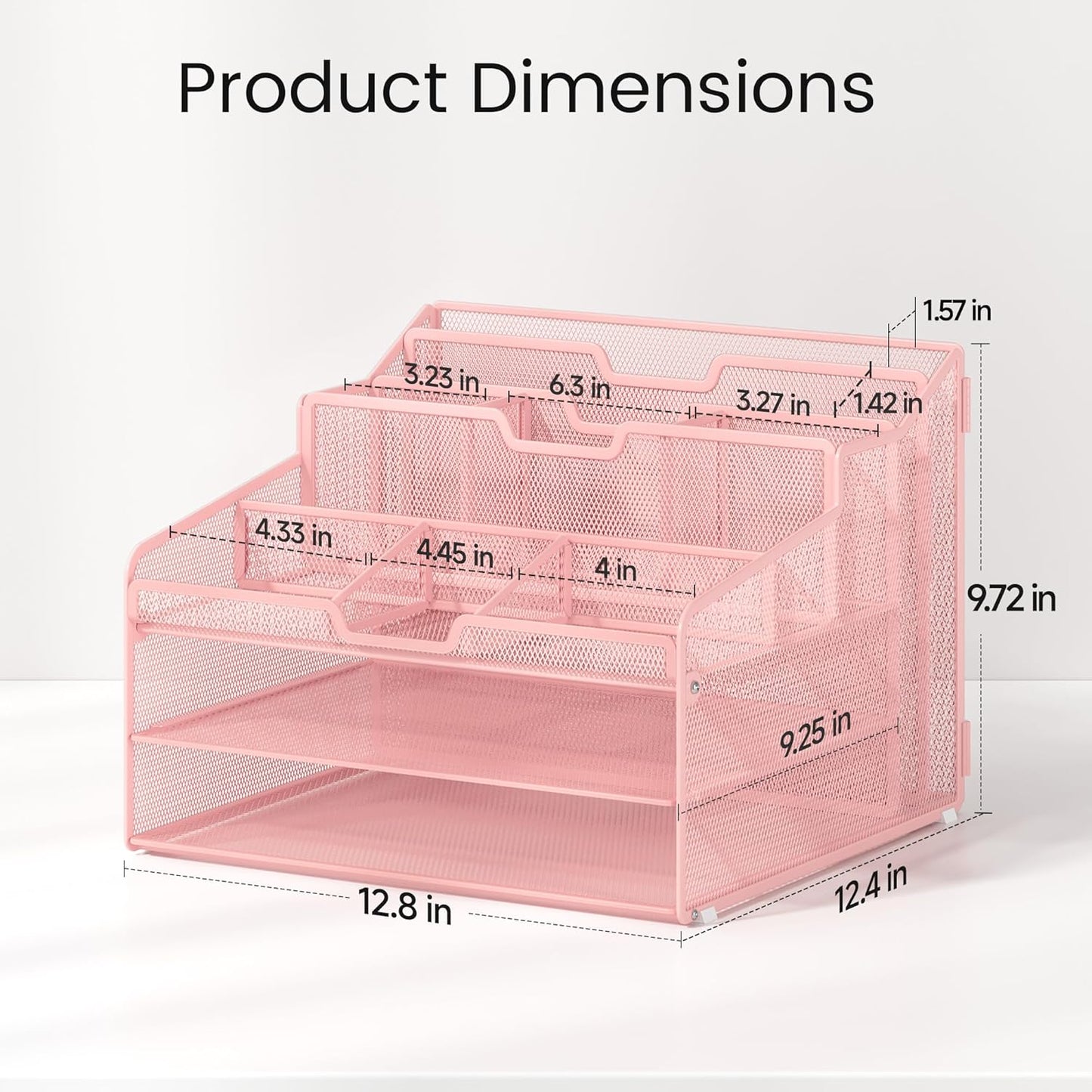 Lavatino Desk Paper File Organizer - Metal Mesh with 2 Letter Trays, 7 Flexible Dividers, 2 Vertical File Folder Holders for Office/Home/Classroom Supplies, Desk Organizers and Accessories, Pink