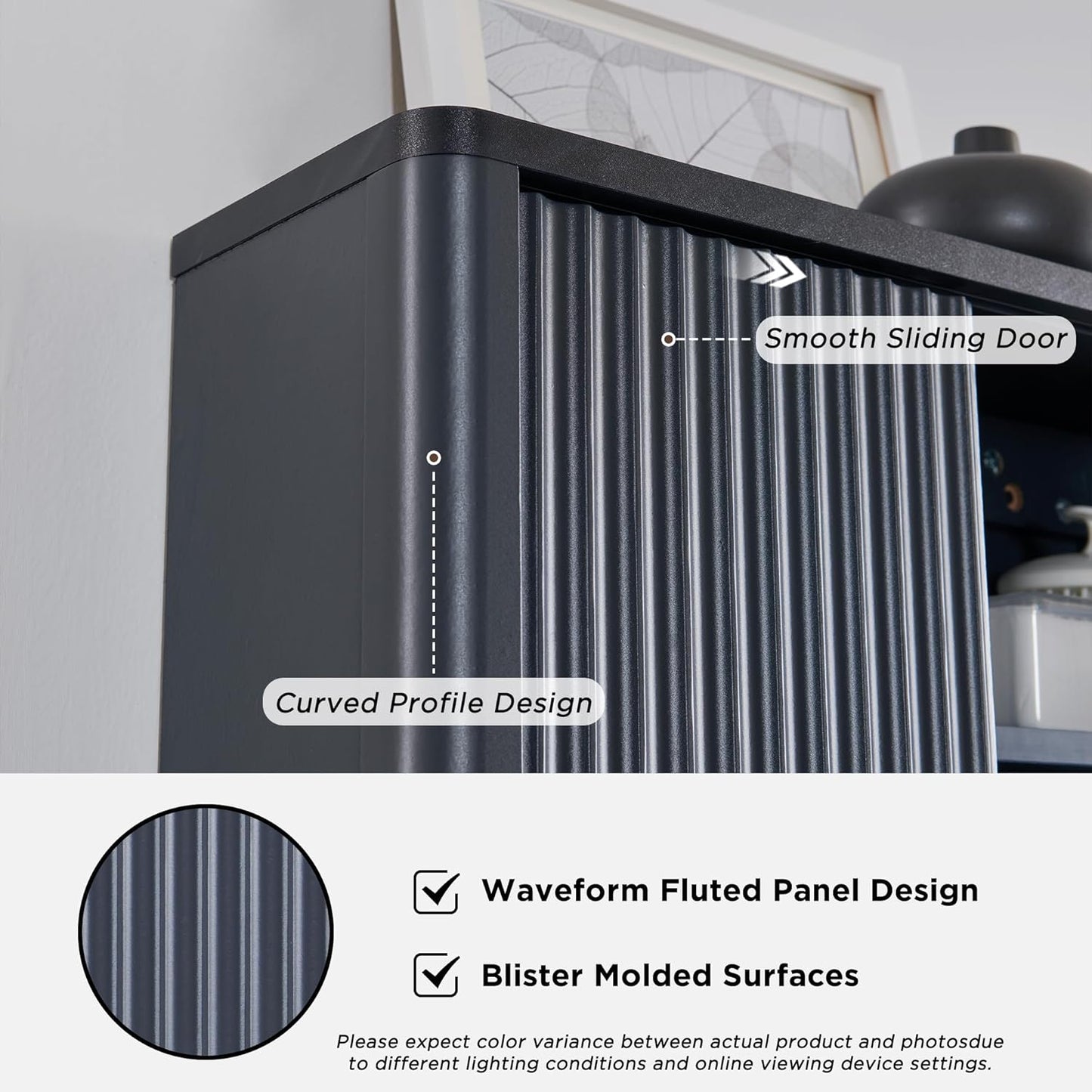 RedLemon Bathroom Wall Cabinet w/Fluted Sliding Door, Modern Medicine Cabinet w/Faux Marble Top & Adjustable Shelf, Curved Profile Wall Mounted Storage Organizer, Dark Grey