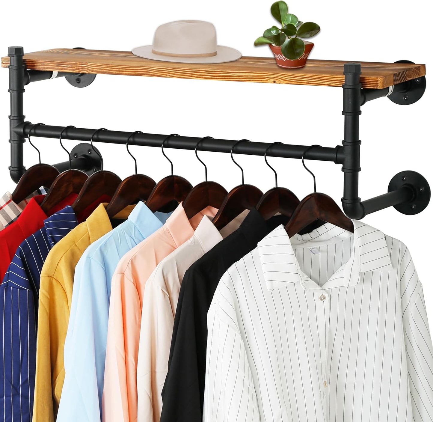 WEBI Wall Mounted Clothes Rack with Shelf,32" Industrial Pipe Clothing Rack with Shelves,Heavy Duty Iron Garment Rack Bar,Retail Display Clothes Rod for Clothes,Laundry Room,Black