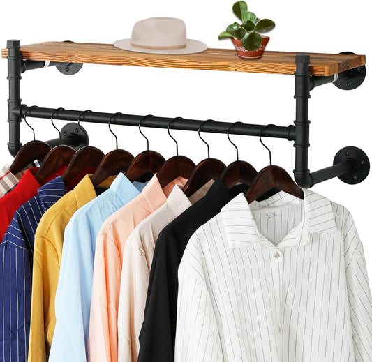 WEBI Wall Mounted Clothes Rack with Shelf,32" Industrial Pipe Clothing Rack with Shelves,Heavy Duty Iron Garment Rack Bar,Retail Display Clothes Rod for Clothes,Laundry Room,Black
