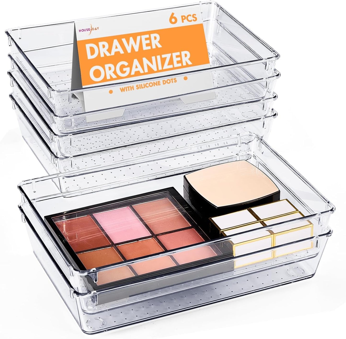 HOUSE DAY Desk Drawer Organizer Bins 6 PCS, 9*6*2" Clear Drawer Organizers with Silicone Pads, Vanity Organizers and Storage, Non Slip Plastic Drawer Organizer for Makeup, Bathroom, Kitchen, Office
