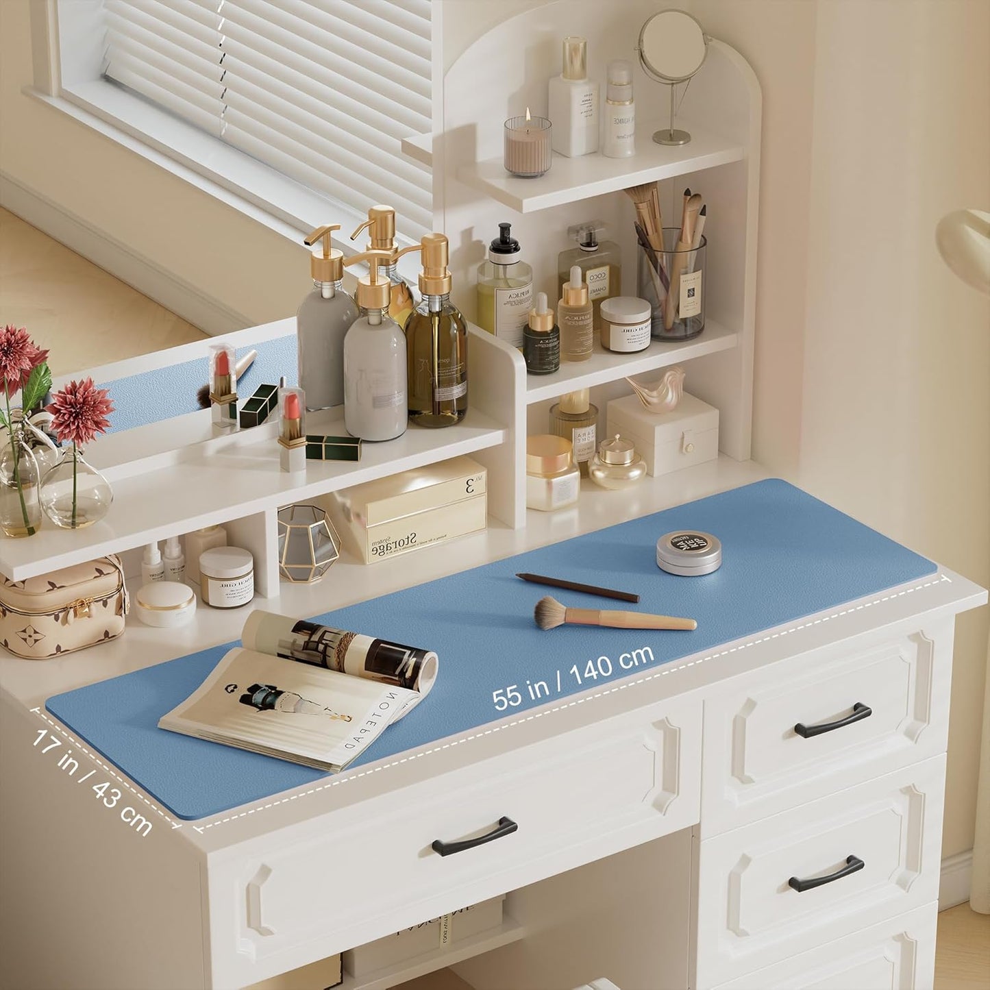 Aothia Leather Desk Pad Protector, Office Desk Mat, Large Mouse Pad, Laptop Desk Pad, Non-Slip PU Leather Desk Blotter, Waterproof Desk Writing Pad for Office and Home (Denim Blue, 55" x 17")