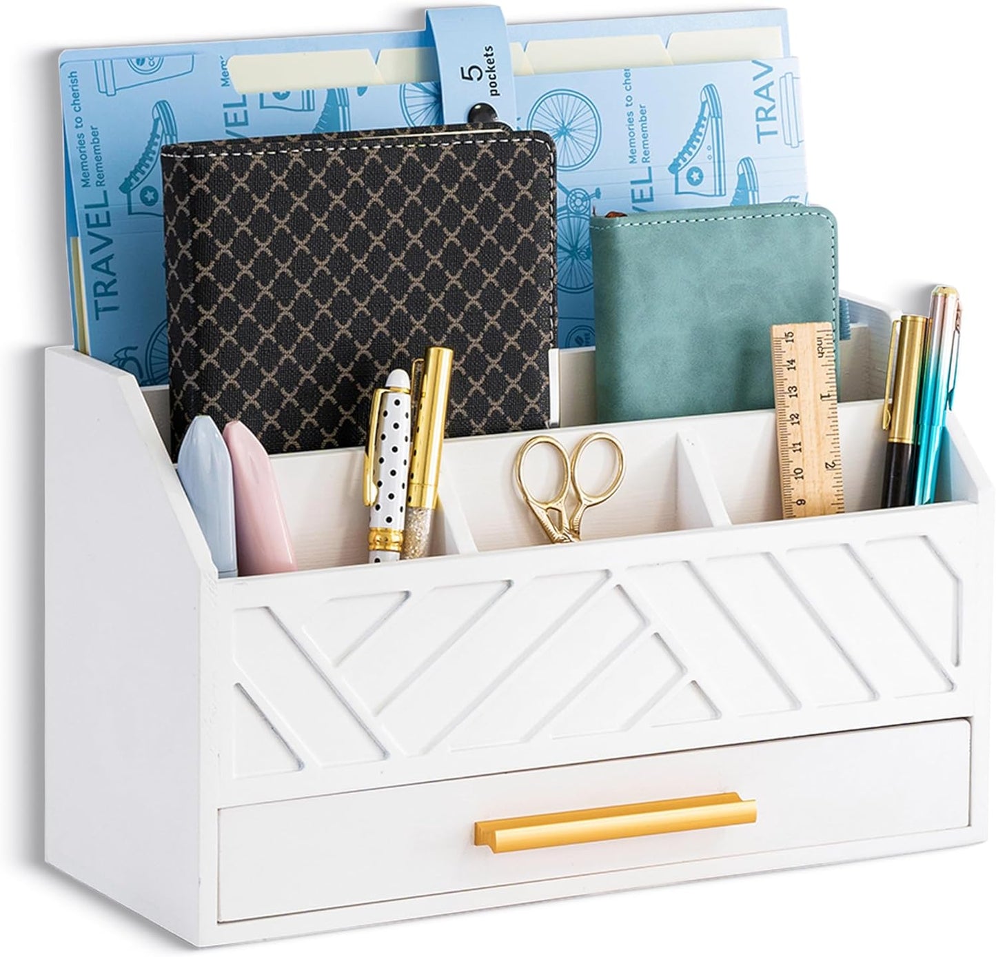 white Wood Desk Organizer and Accessories with Drawer, Bill Mail Organizer and File Mail Holder for Office Supplies, Modern Desk Accessories & Workspace Organizers for Desk Organization