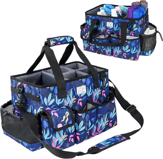 Cleaning Organizer, Large Caddy Bag for Supplies, Housekeeper's Bag with Handle (Blue Leaf)