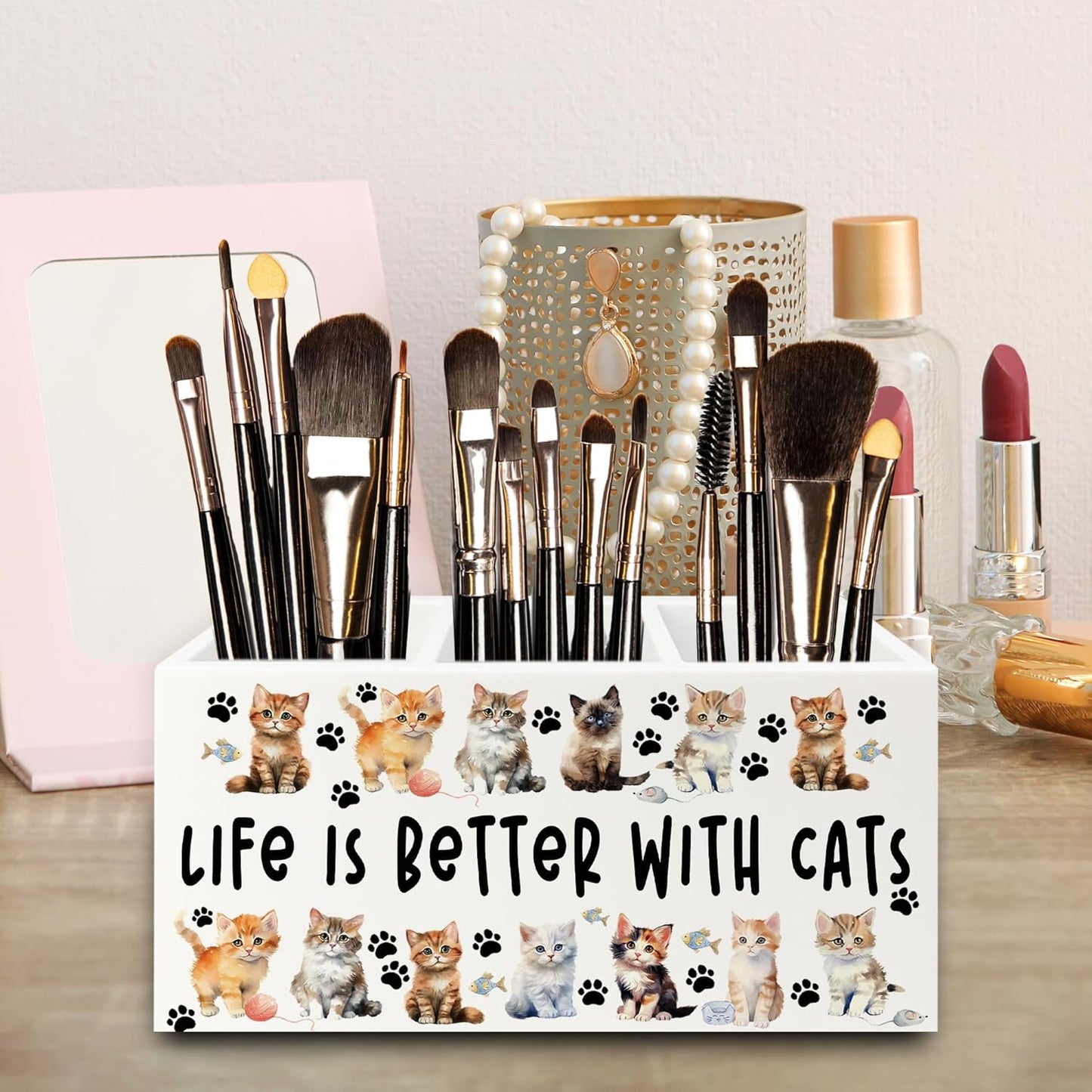 Cat Pen Pencil Holder Organizer for Desk, Cat Lovers Mom Lady Gifts for Women, Life Is Better with Cats Wooden Box Signs Decorations for Home Office Desk Tabletop, Gifts for Pet Lovers