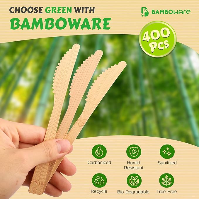 100% Bamboo Utensils - 400 Carbonized Knives Disposable Cutlery Biodegradable and Sanitized - Heavy Duty & Fully Functional