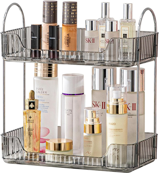 2 Tier Bathroom Organizer Countertop Makeup Perfume Tray Skincare Organizer for Bathroom Dresser Vanity (Grey)