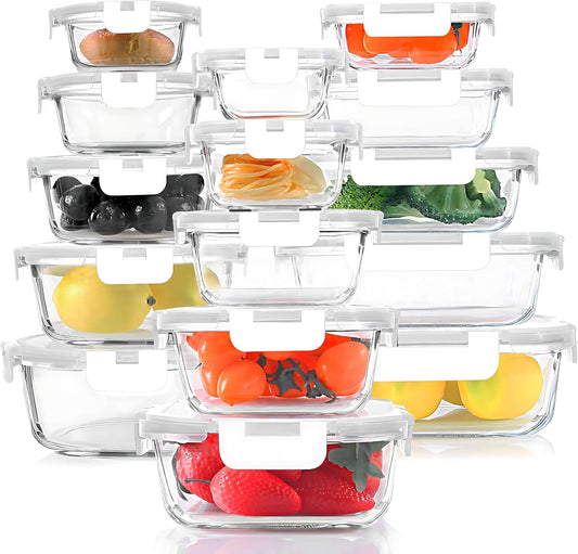 KOMUEE 30 Pieces Glass Food Storage Containers Set, Glass Meal Prep Containers Set with Snap Locking Lids, Airtight Glass lunch Containers, Microwave, Oven, Freezer & Dishwasher,White
