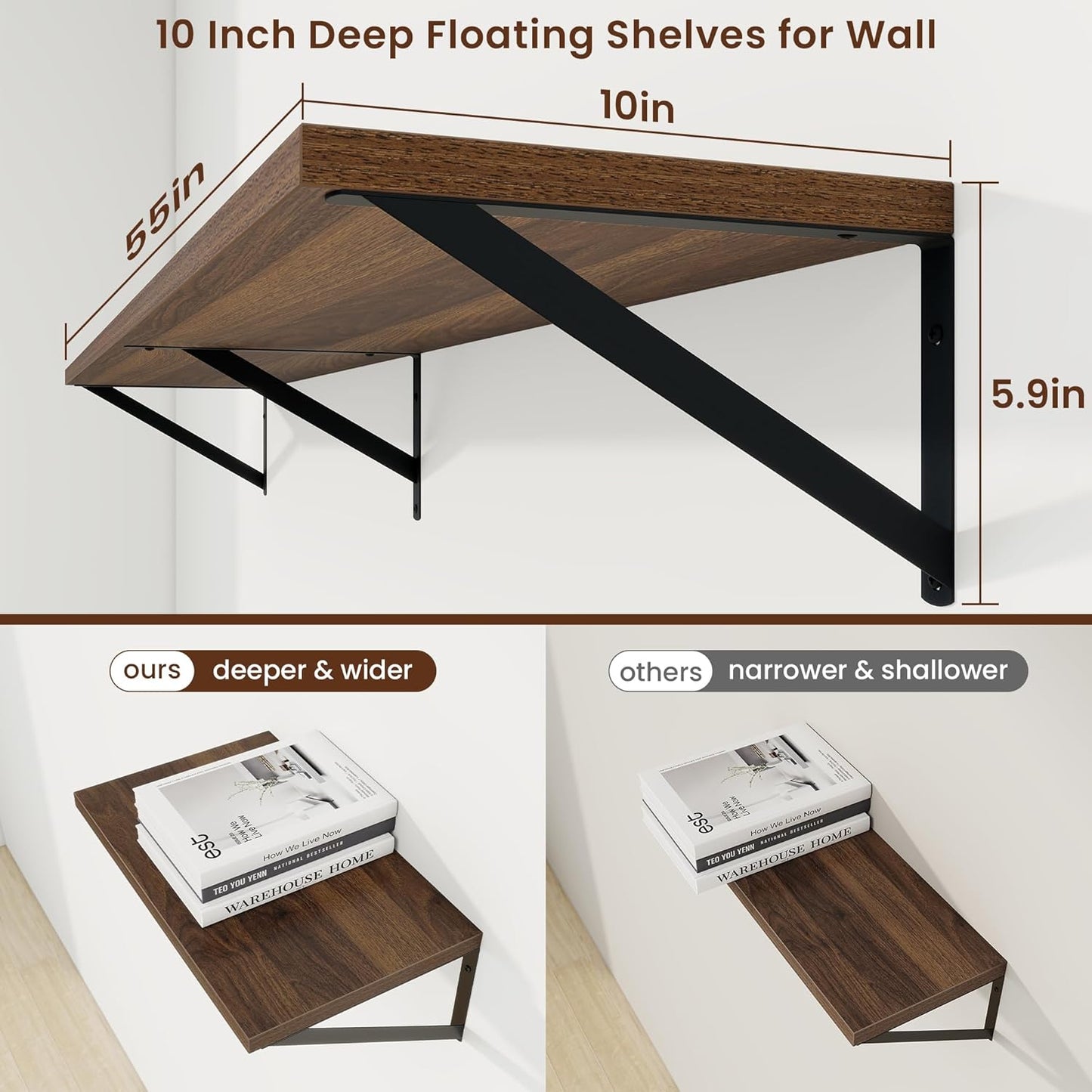Axeman Deep Floating Shelves for Wall - 55 Inch Wide x 10 Inch Deep Walnut Floating Shelves Set of 2 - Wide Wall Shelves for Living Room Bathroom Bedroom
