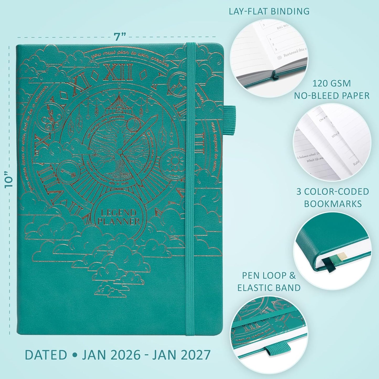 Legend Planner PRO Dated Jan 2026-Jan 2027 – Deluxe Weekly & Daily Organizer with Time Slots. Appointment Book Journal for Work & Time Management, A4 Hardcover (Viridian Green)