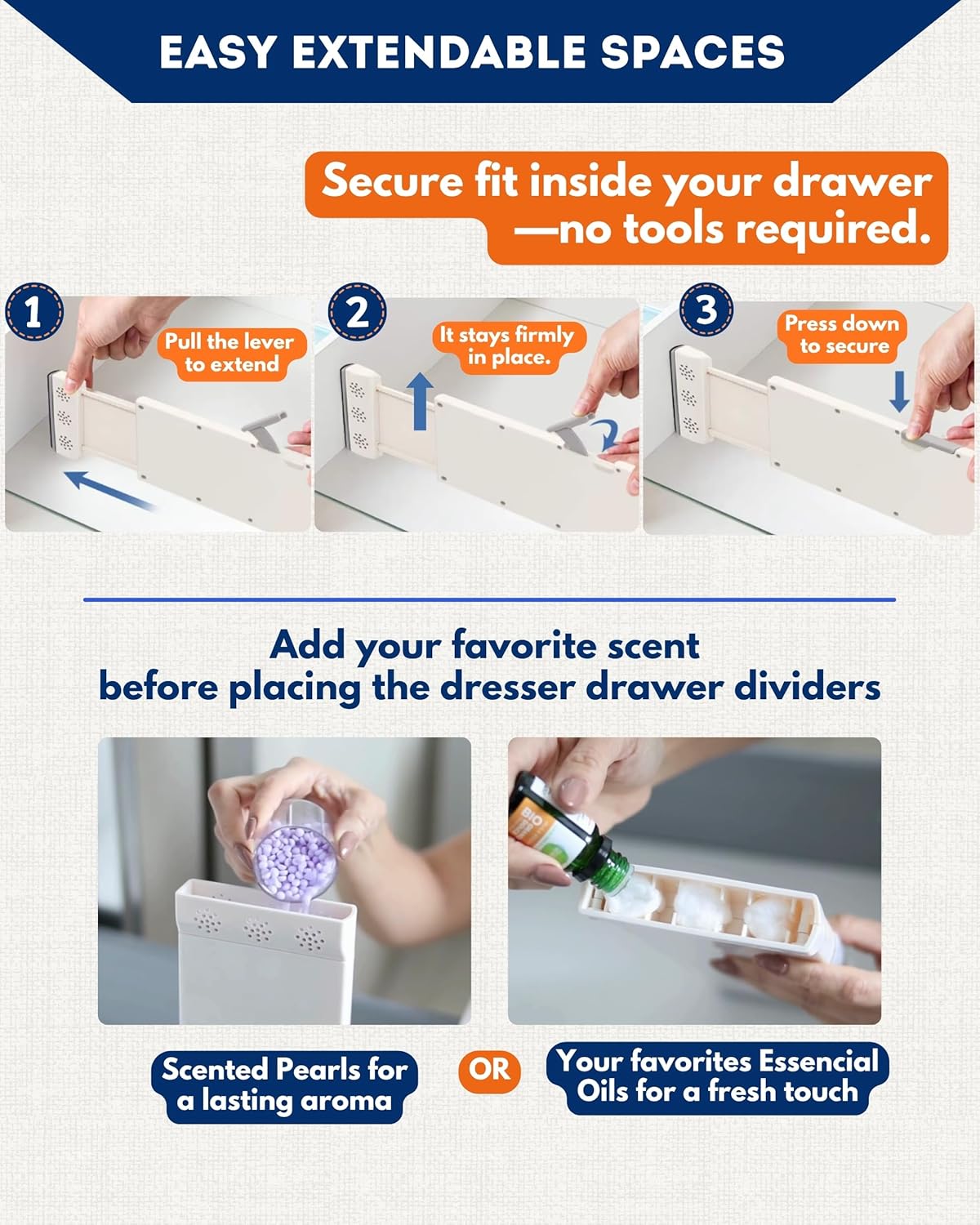 4 Pack Drawer Dividers for Clothes with Insert Slots 4" High, 13-20.4" and 4 Adjustable Hooks, Expandable Dresser Drawer Dividers and Organizer for Closet, Kitchen, Bathroom, Office