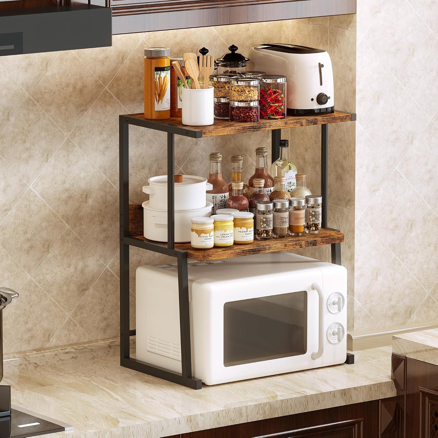 Homeiju Printer Stand for Desk with Storage, 3-Tier Shelves Organizer with Wood Top, Heavy Duty Metal Frame for Home Office, Holds Printer, Books, Supplies, Rustic Brown