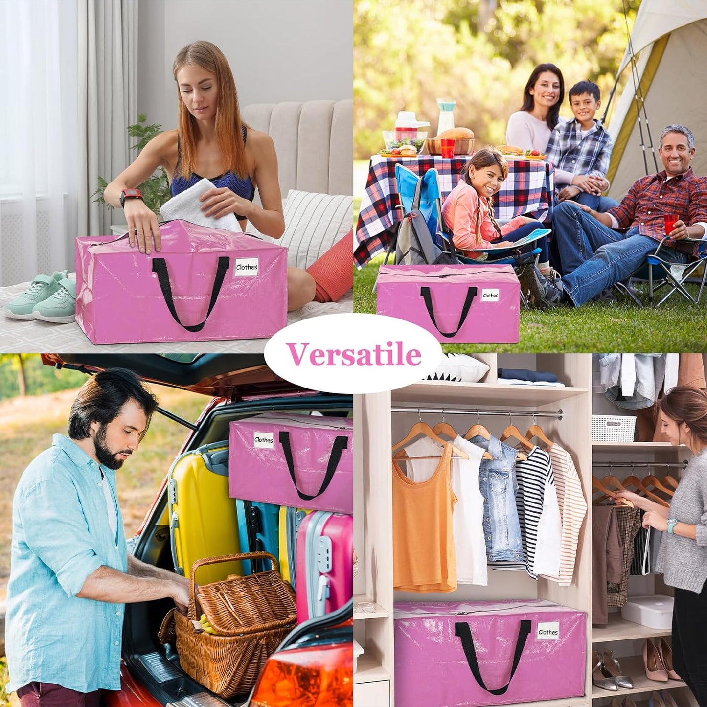 4 Pcs 24 Gallon Large Moving Bags with Zipper and Handles Foldable Storage Duffle Bags Heavy Duty Extra Large Totes for College Dorm Travel Clothes Blankets Bedding Moving (Pink)