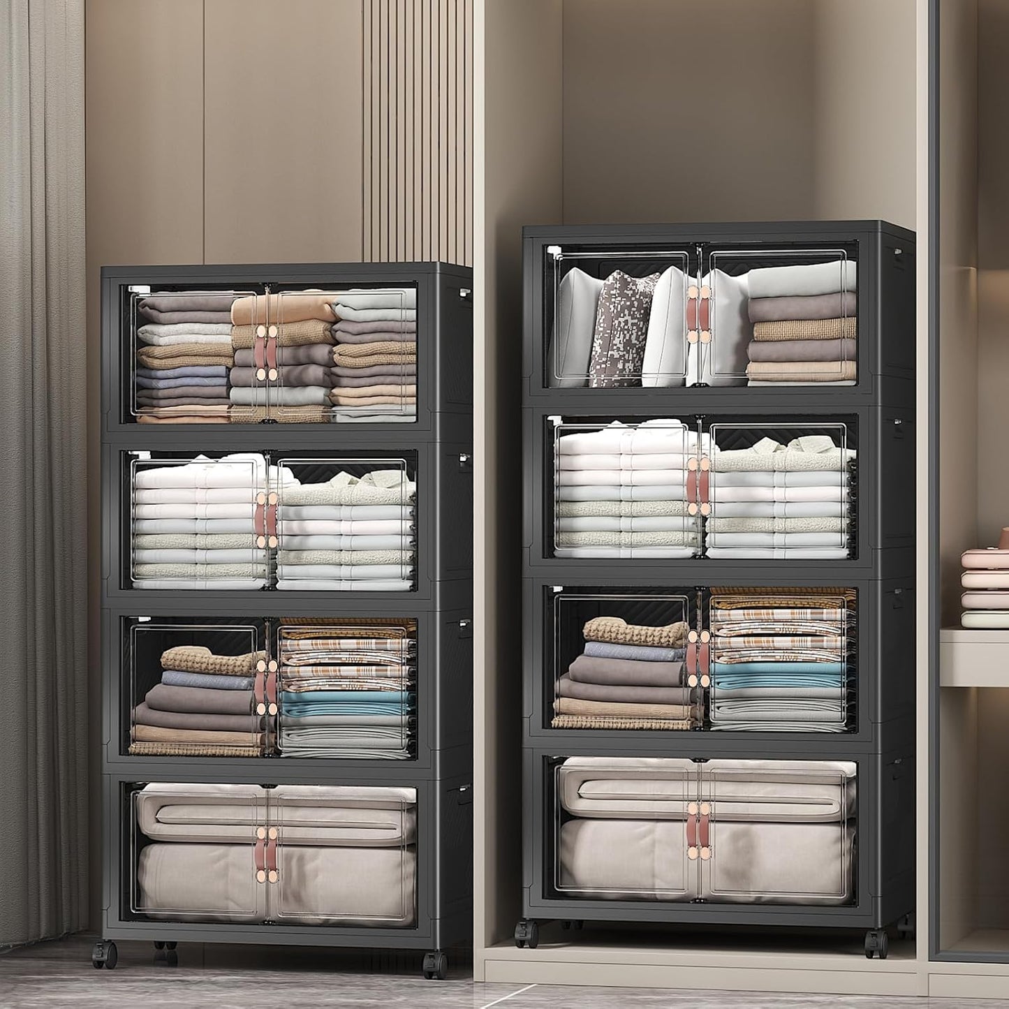 Extra Large Stackable Storage Bins with Lids & Wheels & Door, 896QT-112QT/28GAL*8Pack Foldable Collapsible Closet Organizers, Plastic containers drawers for bedroom Dorm