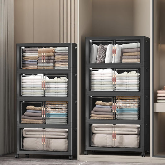 Extra Large Stackable Storage Bins with Lids & Wheels & Door, 896QT-112QT/28GAL*8Pack Foldable Collapsible Closet Organizers, Plastic containers drawers for bedroom Dorm