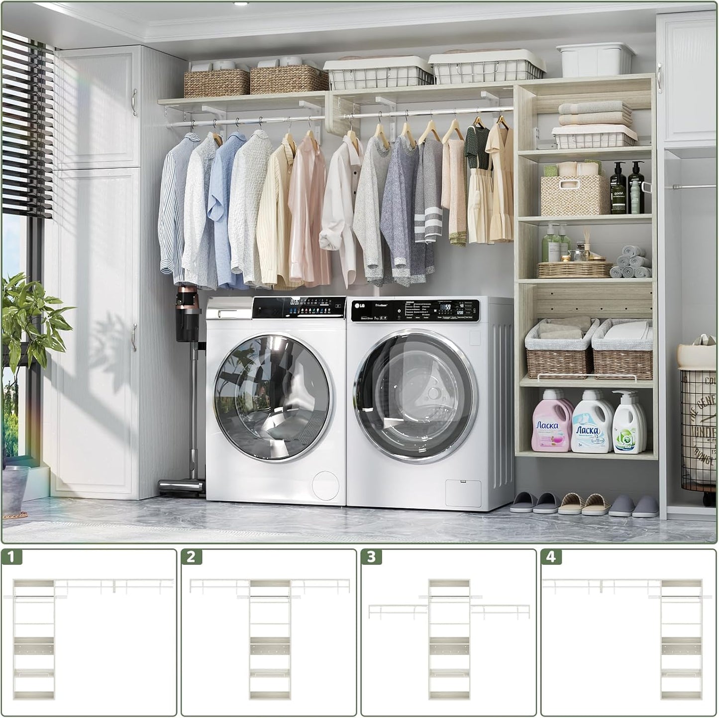 Unikito Over Washer and Dryer Storage Shelf, 8FT Wall Mounted Laundry Room Organizer, Space Saver Clothes Drying Rack with Hanger Rod, Heavy-Duty Closet System with Adjustable Shelves, White Oak