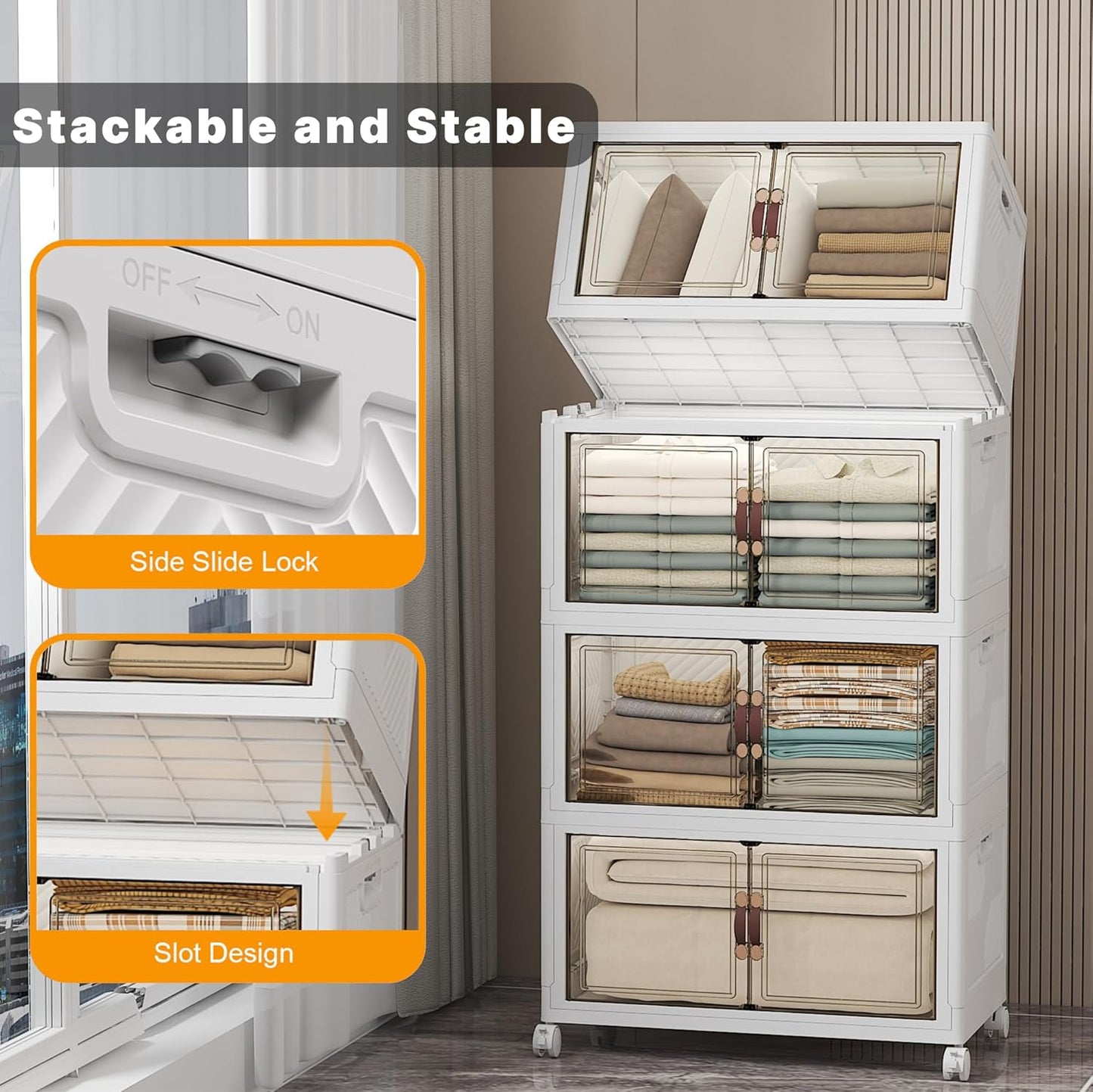 Extra Large Stackable Storage Bins with Lids & Wheels & Door, 448QT-112QT/28GAL*4Pack Foldable Collapsible Closet Organizers, Plastic containers drawers for bedroom Dorm