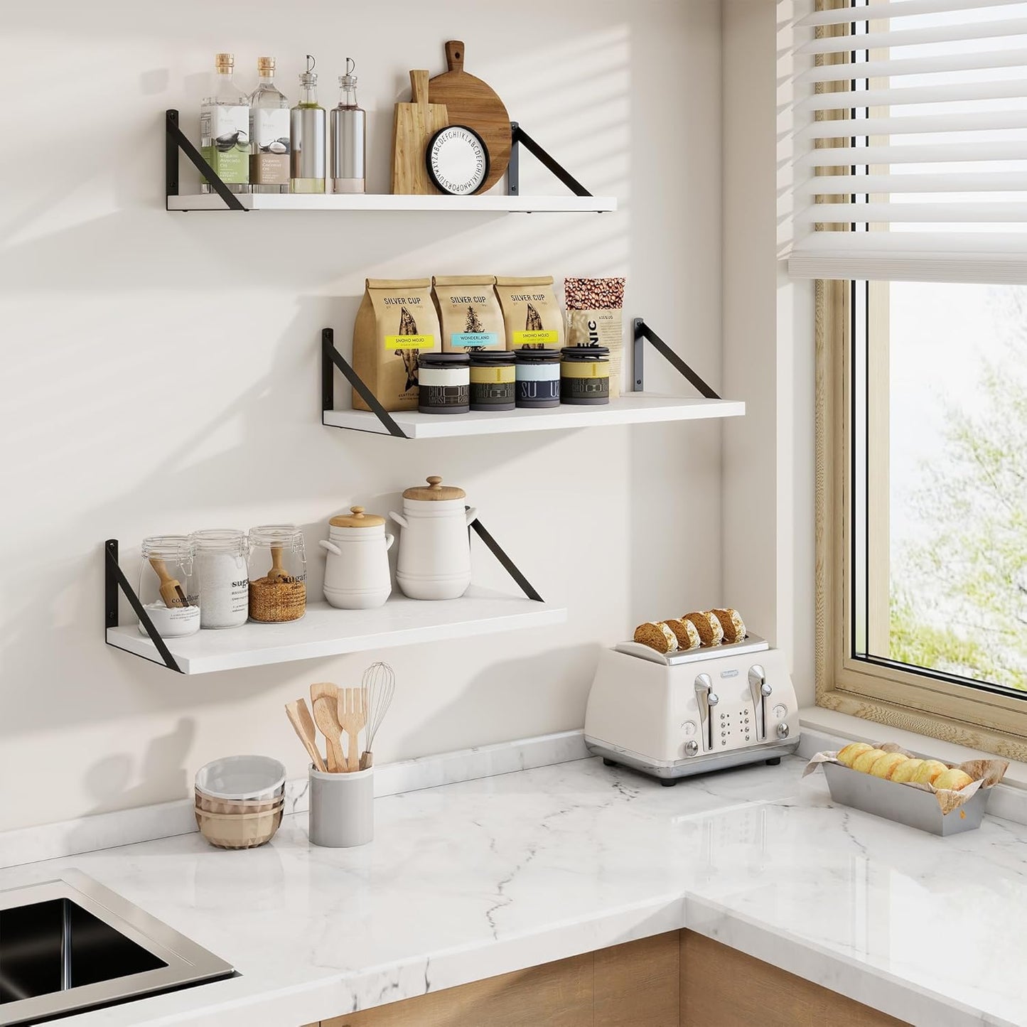 Axeman White Floating Shelves for Wall - 24 Inch Wide x 10 Inch Deep Floating Shelves Set of 2 -White Wide Wall Shelves for Living Room Bathroom Bedroom