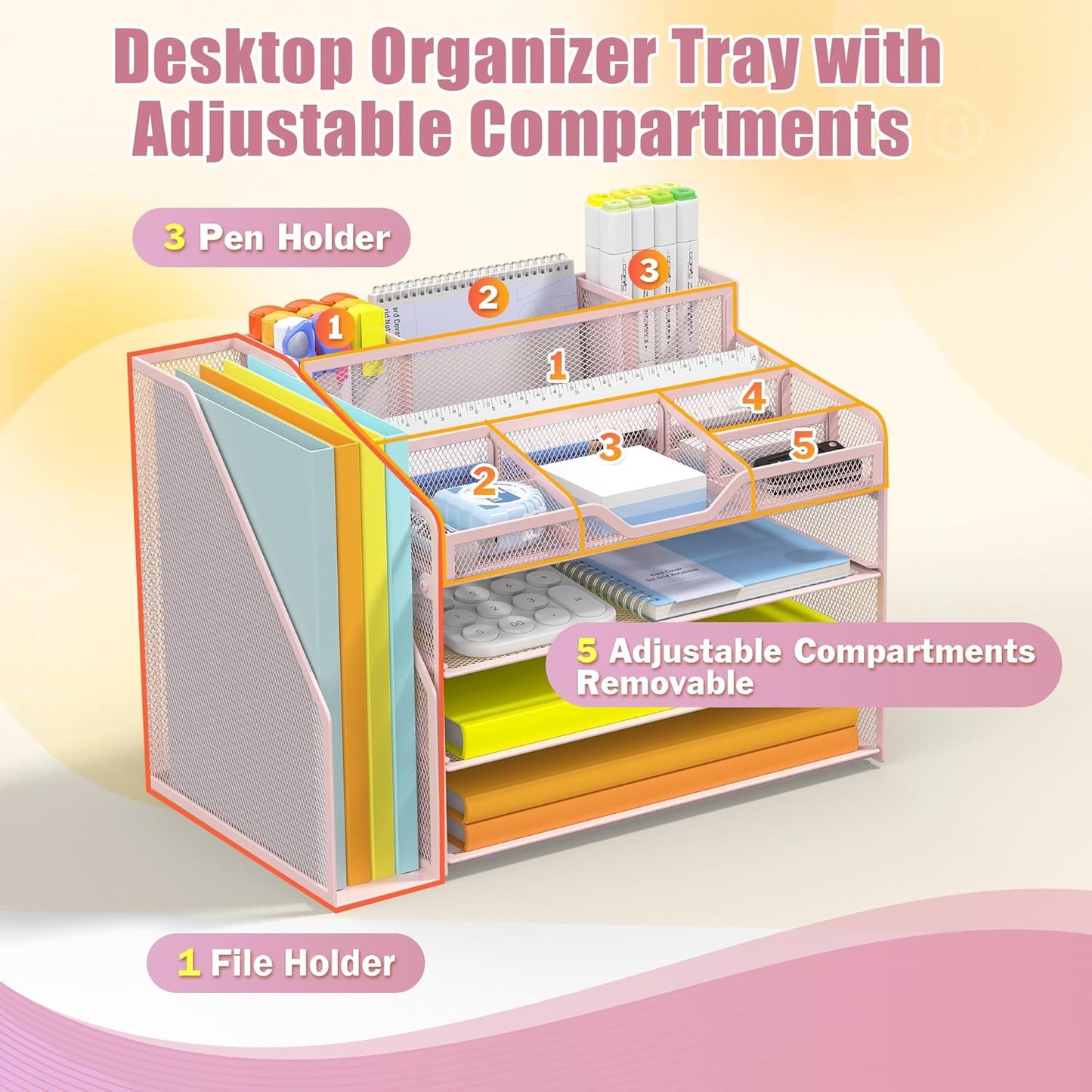 Docnest 4 Tier Mesh Desk Organizer with File Holder – Multi-Functional Paper Letter Tray with 5 Adjustable Compartments, 3 Pen Holders, Desktop Storage for Files, Mail, Stationery – Pink