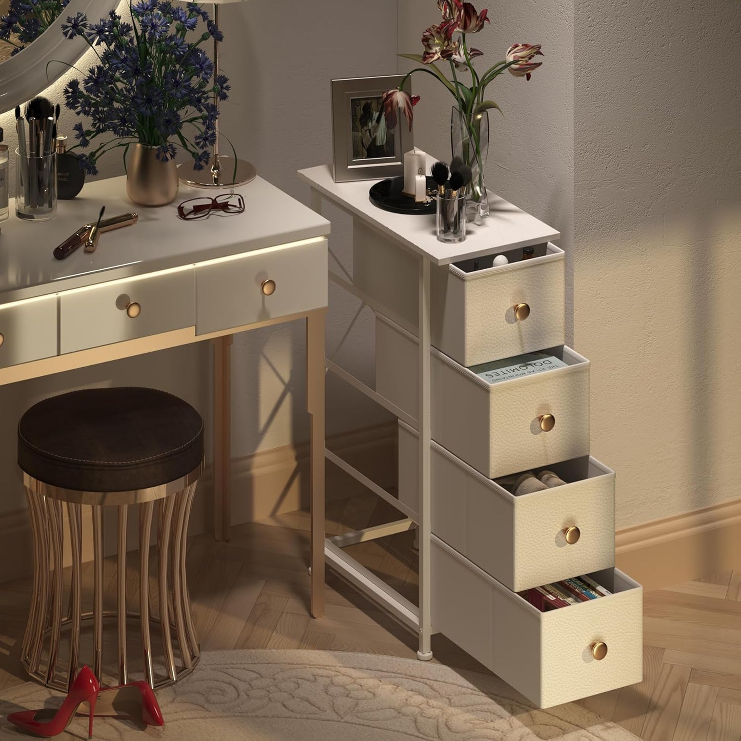 GiftGo Narrow Dresser Cabinet Vertical Slim Dresser Chest of Drawers Skinny Storage Tower for Small Spaces Gaps Closet Bedroom Bathroom Small Fabric Drawer Unit (White, 4 Drawers)