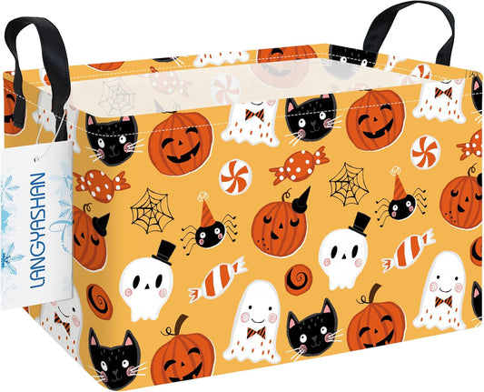 LANGYASHAN Rectangular Halloween Storage Bin Collapse Canvas Fabric Cartoon Storage Basket Home Kitchen Boys and Girls Toys Office Closet Shelf Baskets (Rec Halloween Pumpkin Ghost)