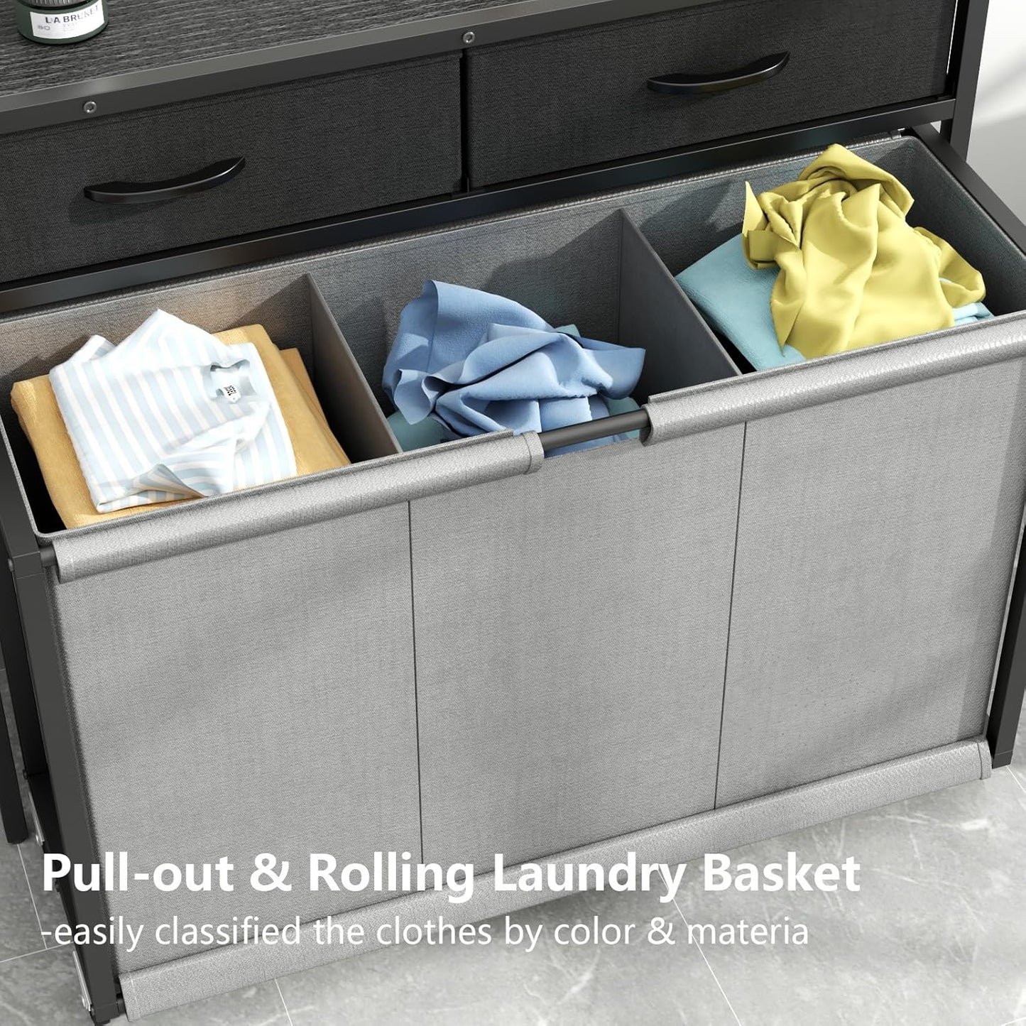 Laundry Hamper Laundry Basket with 3 Section Pull-Out Rolling Bags, Laundry Sorter for Organization and Storage with 2 Pull-Out Drawers for Laundry Room, Bathroom, Bedroom Use (Black)