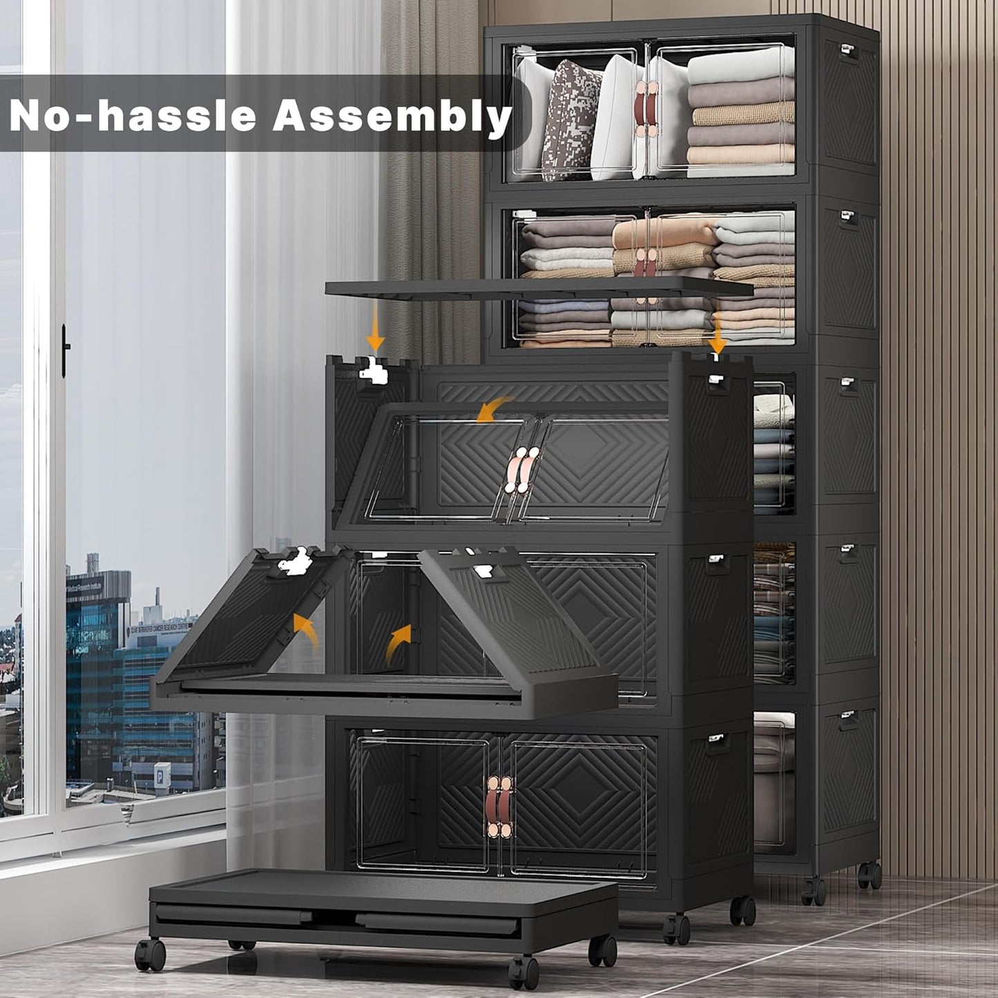 Extra Large Stackable Storage Bins with Lids & Wheels & Door, 560QT-112QT/28GAL*5Pack Foldable Collapsible Closet Organizers, Plastic containers drawers for bedroom Dorm