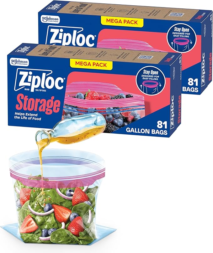 Ziploc Gallon Food Storage Bags, Stand-Up Bottom, Easy to Fill, 162 Count (Packaging May Vary)