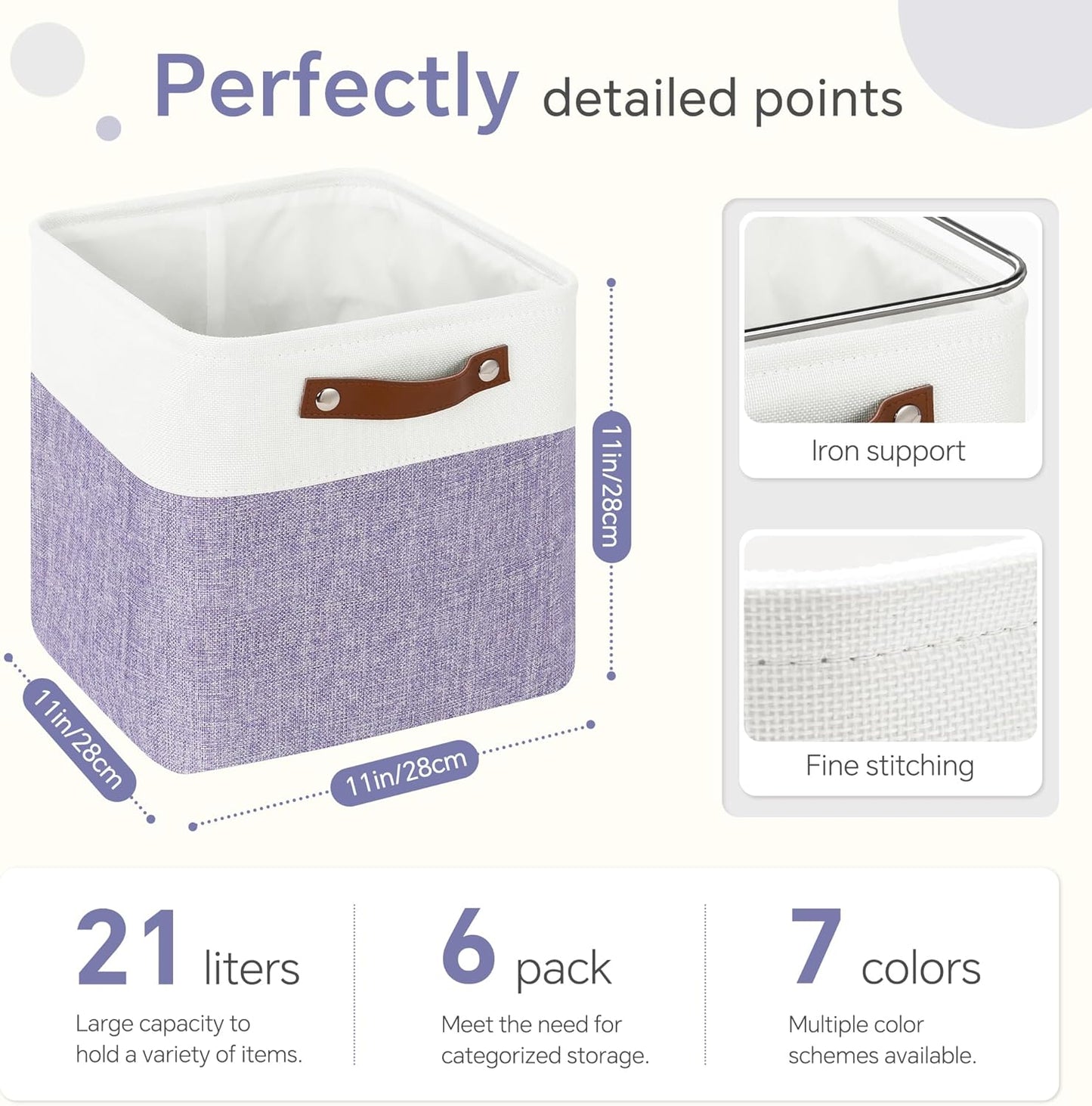 Cube Storage Baskets 6 Pack, 11x11 inch Foldable Cube Storage Bins with Leather Handles for Shelf Closet Nursery Toys (White/ Purple)